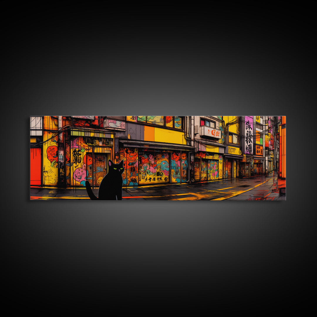 Black Cat Art Print, Framed Wall Art, Punk Cart Art, This Cat Is From The Streets, Colorful Cat  Lover Art