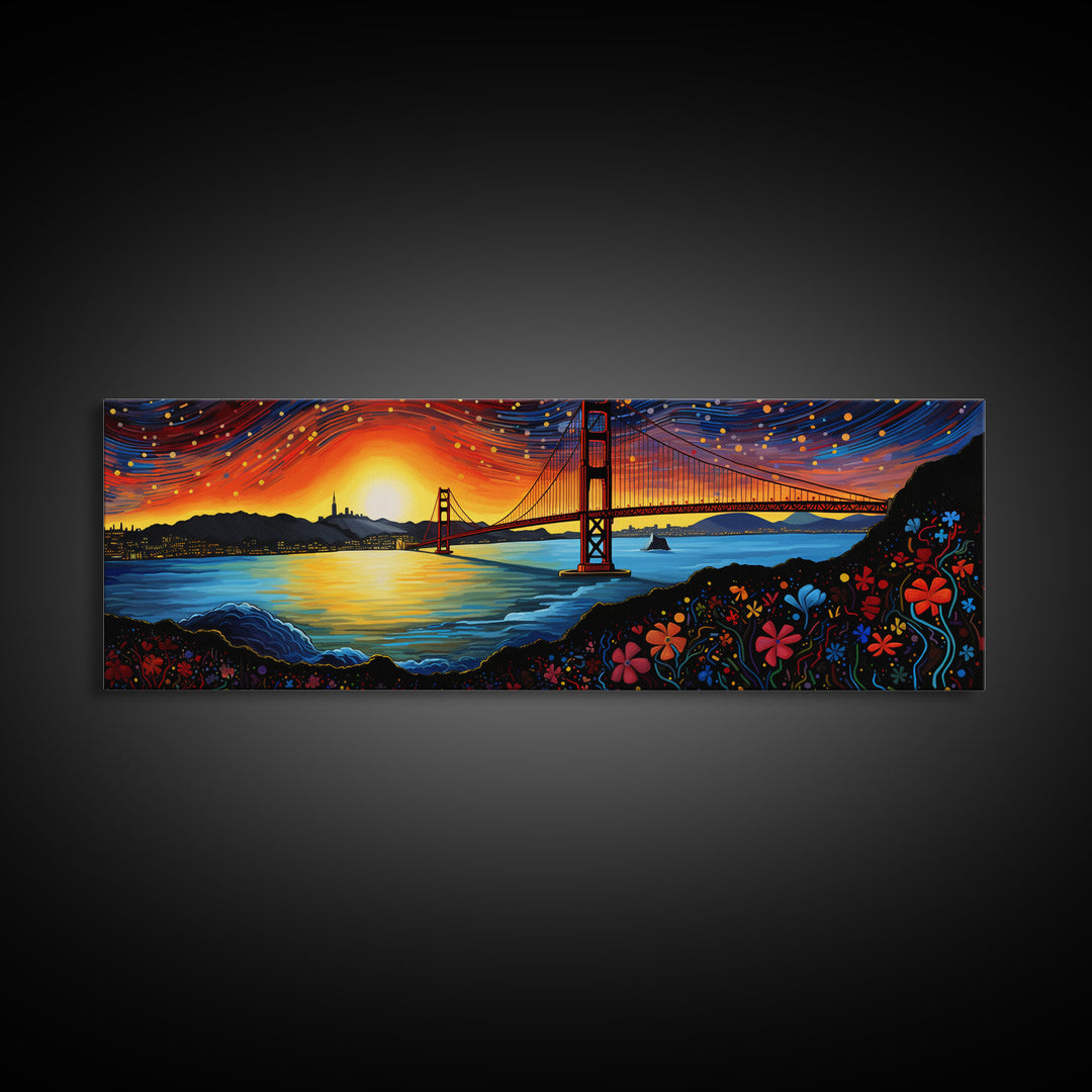 Golden Gate Bridge Abstract Panoramic Framed Canvas Print, Van Gogh Inspired Original Painting, Colorful California Wall Art