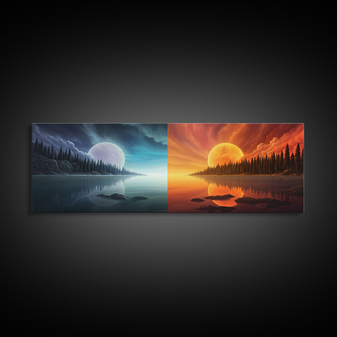 Night and Day Mirror Image Wall Art, Cool Reflection Wall Art, Framed Canvas Print, Pop Art, Minimalist Modern Art Landscape