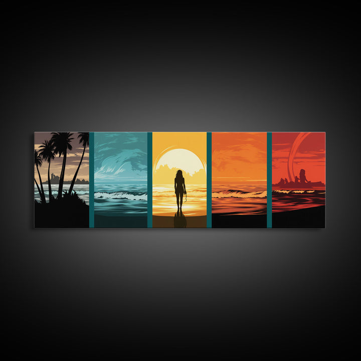 Warhol Inspired Pop Art Print, 6 Phases Of The Ocean Wave, Sunset To Sunrise, Beach Decor, Panoramic Pop Art Painting Framed Canvas Print