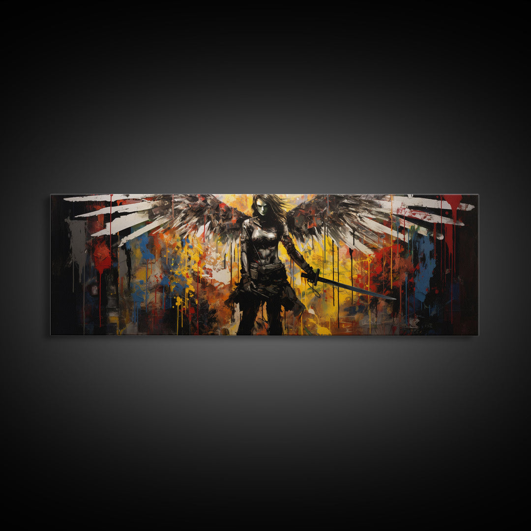 Graffiti Battle Angel, Framed Canvas Print, Game Room Art, Panoramic Painting, Panoramic Wall Art, Extra Large Wall Art