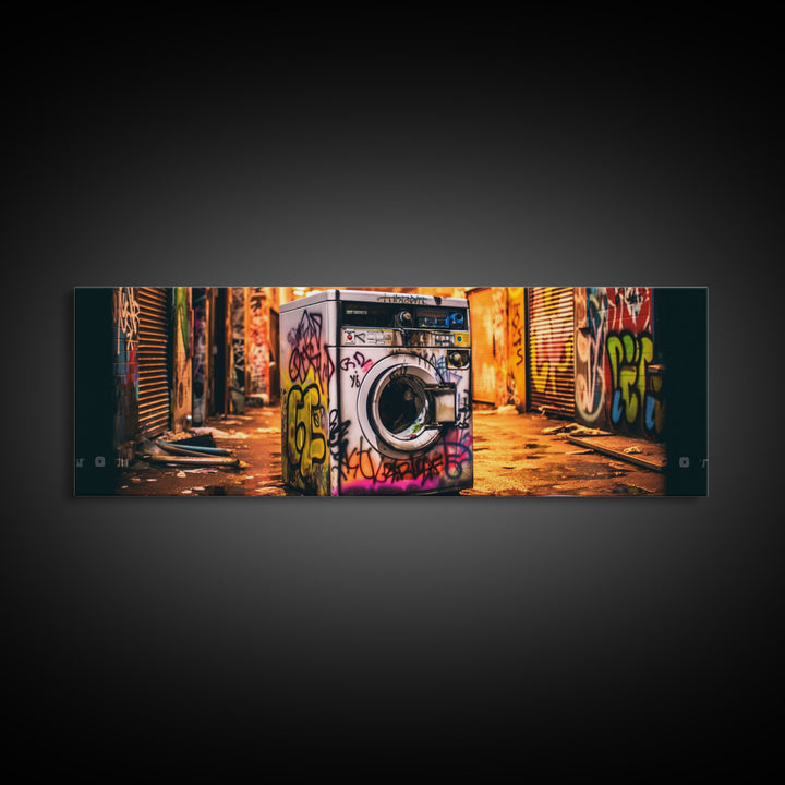 Graffiti Punk Wall Art, Street Art, Framed Canvas Print, Urban Decay Washing Machine, Limited Edition, High Quality Art, Game Room Art