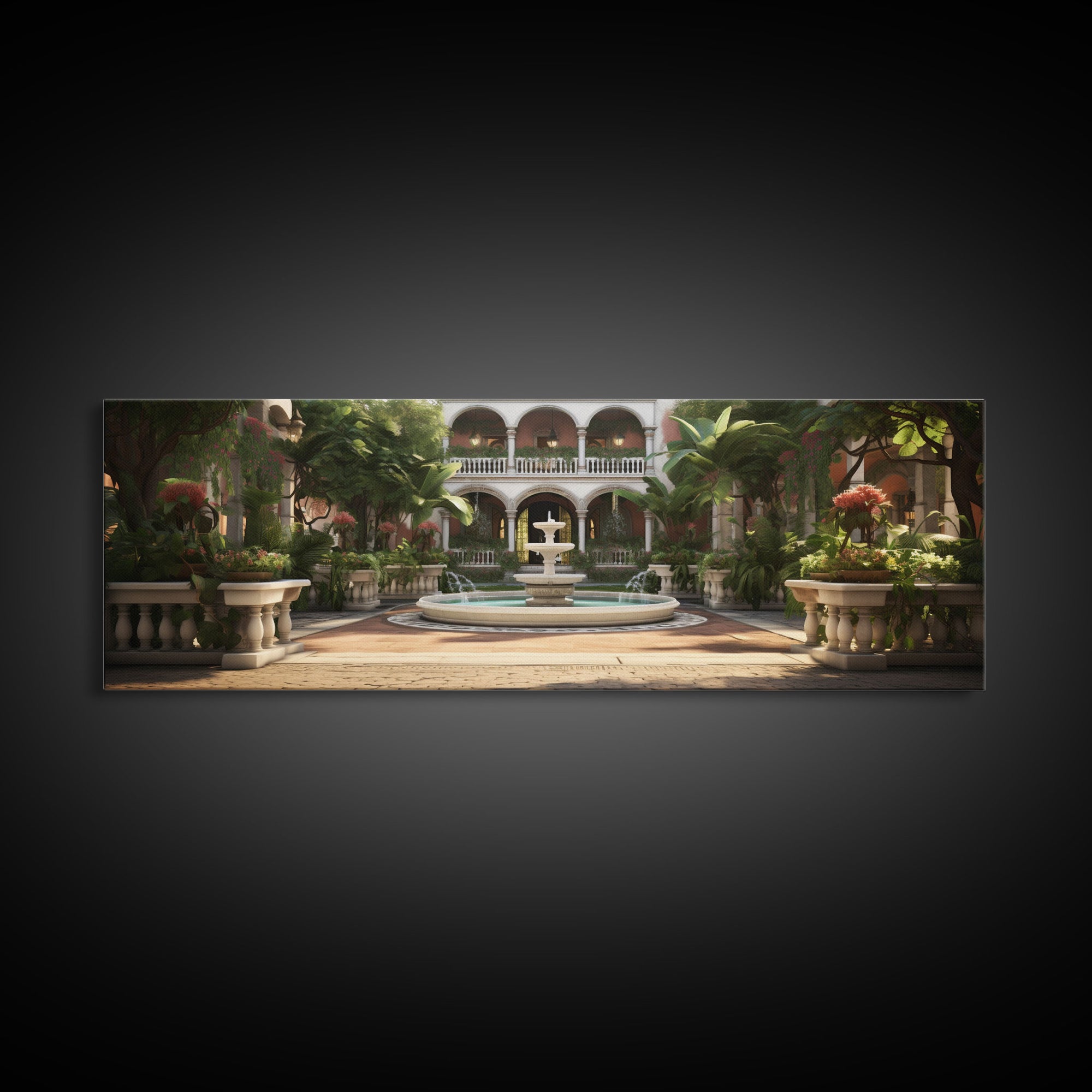 The Court Yard With The Marble Fountain, Framed Canvas Print, Watercolor Painting Framed Wall Art