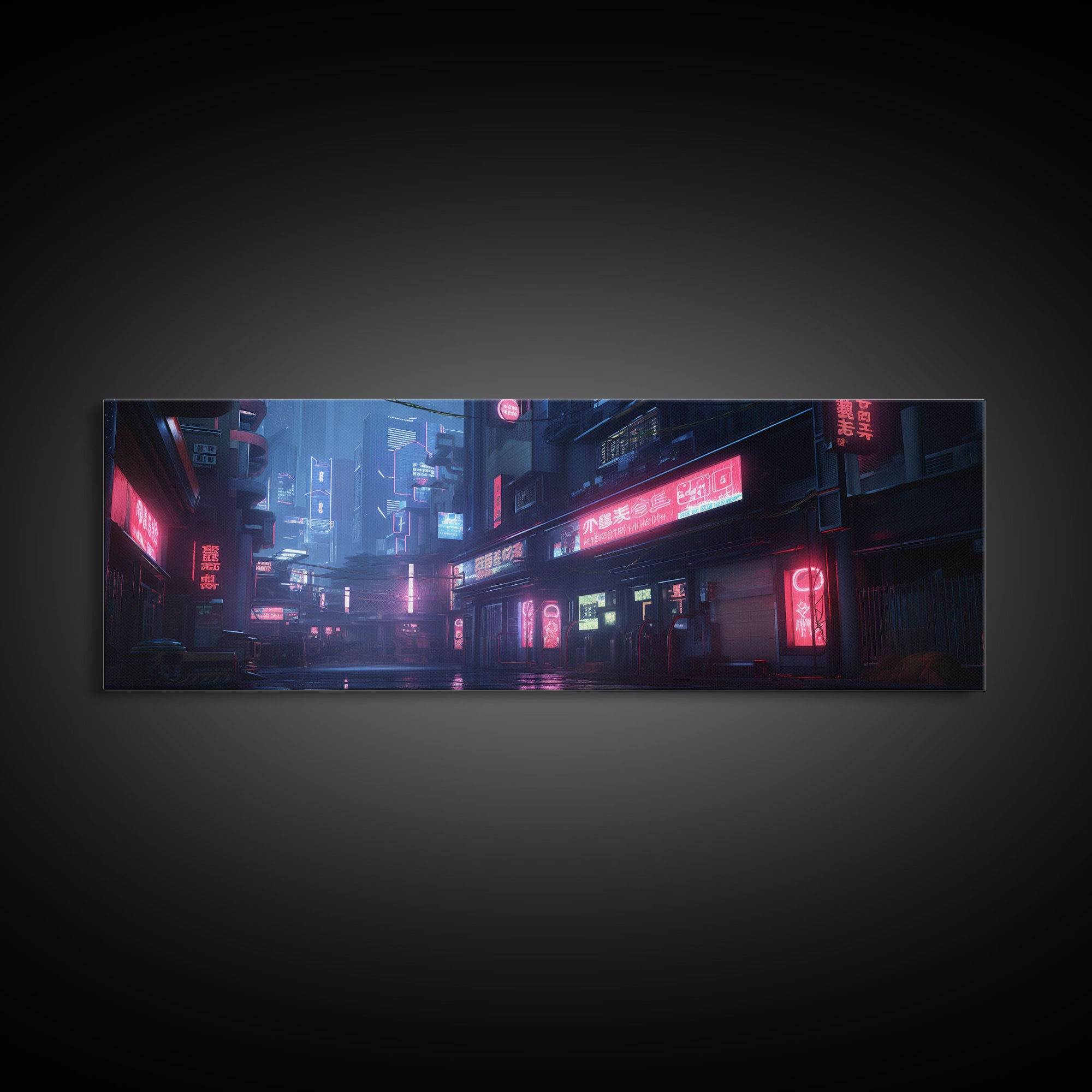 Neon Tokyo Streets, Futuristic Cyberpunk Cityscape Painting Framed Canvas Print, Game Room Decor, Framed Wall Art