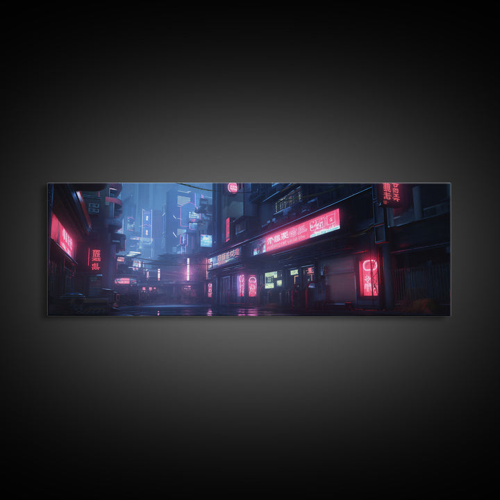 Neon Tokyo Streets, Futuristic Cyberpunk Cityscape Painting Framed Canvas Print, Game Room Decor, Framed Wall Art