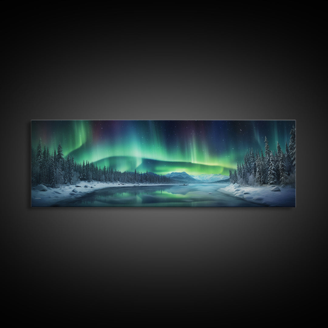 Panoramic Aurora Borealis Wall Art, Framed Canvas Print, Snowy Winter Landscape Painting, Winter Centerpiece Wall Art