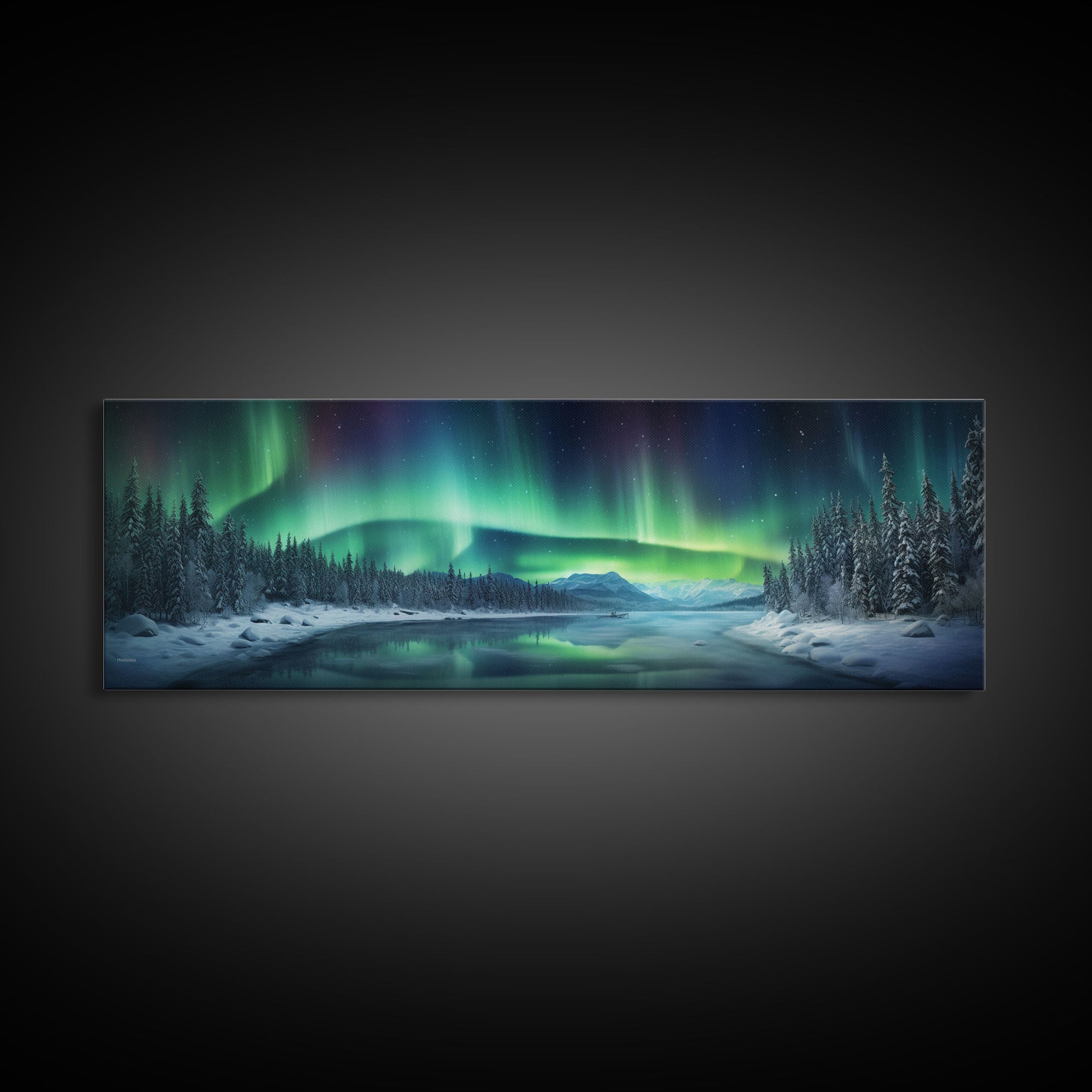 Panoramic Aurora Borealis Wall Art, Framed Canvas Print, Snowy Winter Landscape Painting, Winter Centerpiece Wall Art