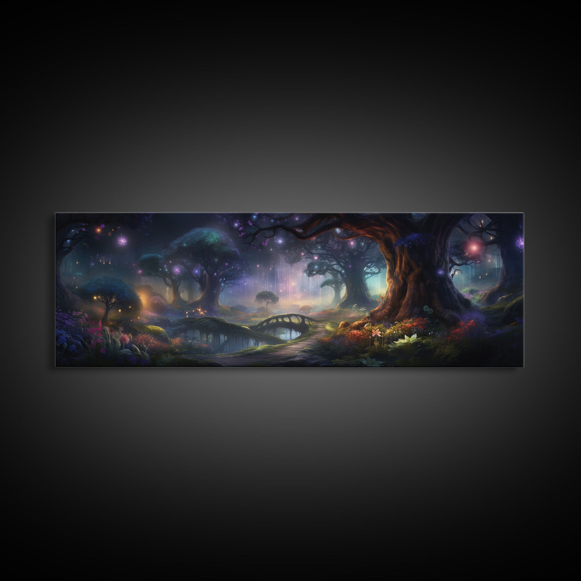 Spiritual Fantasy Forest Wall Art Print, Lanterns and Glowing Trees and Rivers, Fantasy Painting, Living Room Wall Art