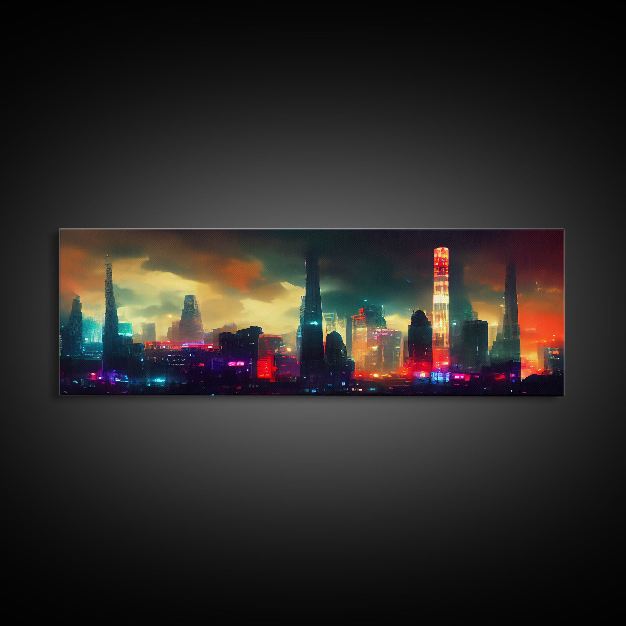 Cyber Punk Cityscape, Watercolor, Extra Large Wall Art, Framed Panoramic Canvas Print, Framed Wall Decor