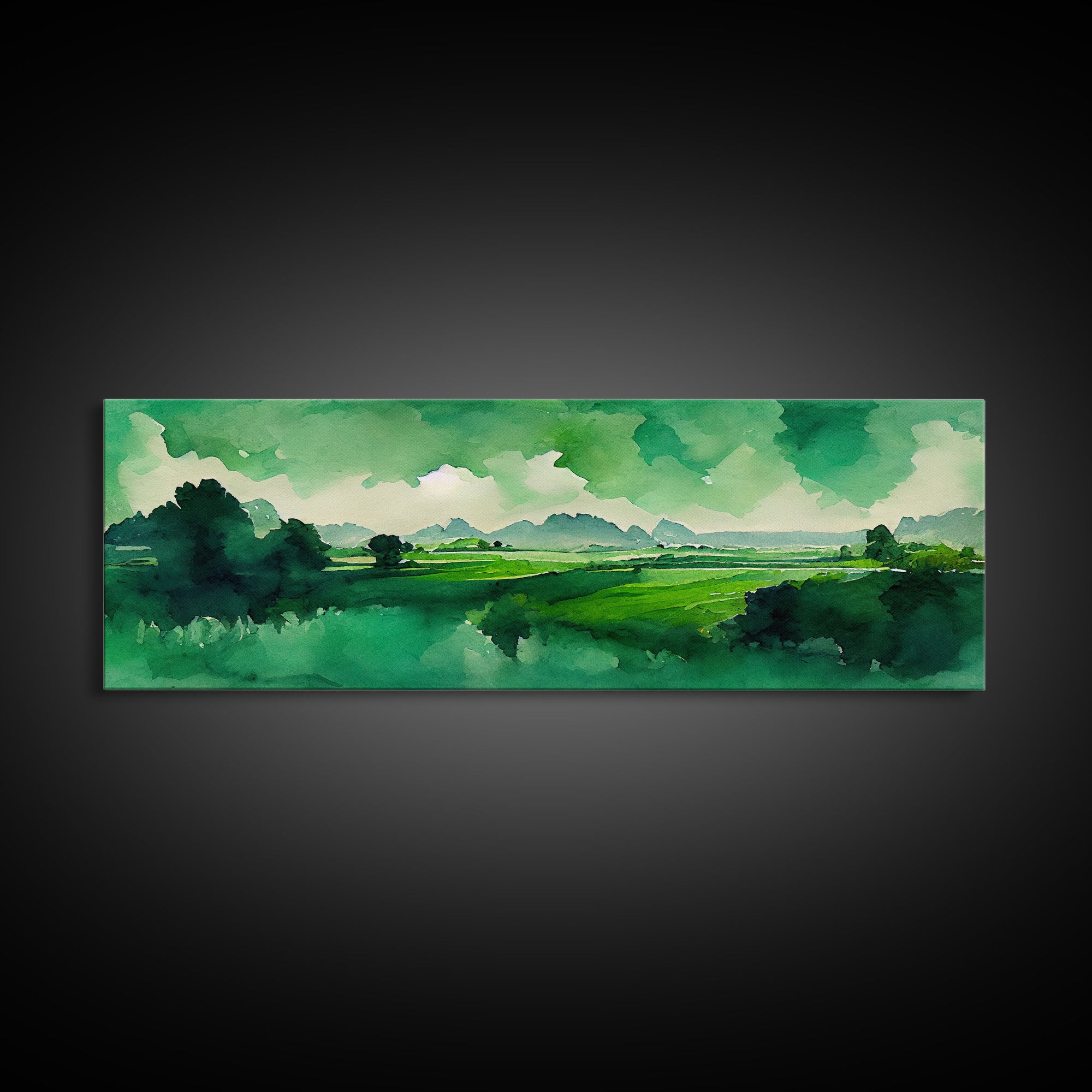 Watercolor Forest Landscape, Emerald Green, Extra Large Wall Art, Framed Panoramic Canvas Print, Framed Wall Decor