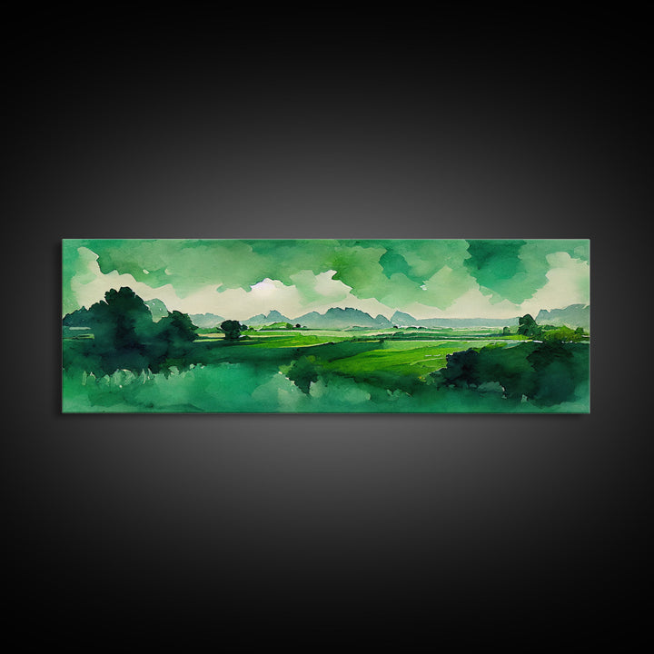 Watercolor Forest Landscape, Emerald Green, Extra Large Wall Art, Framed Panoramic Canvas Print, Framed Wall Decor