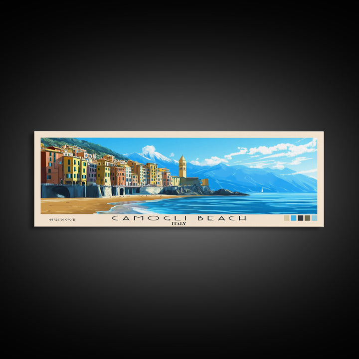 Camogli Beach, Italy Panoramic Beach Print, Vacation Gift, Italy Wall Art, Beach Painting, Beach Decor, Beach Painting