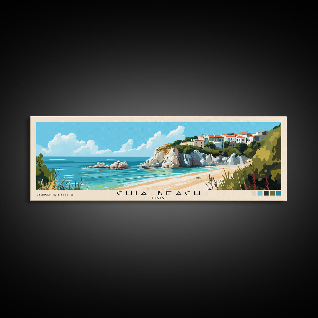 Chia Beach, Italy Panoramic Beach Print, Vacation Gift, Italy Wall Art, Framed Canvas Print, Framed Beach Painting
