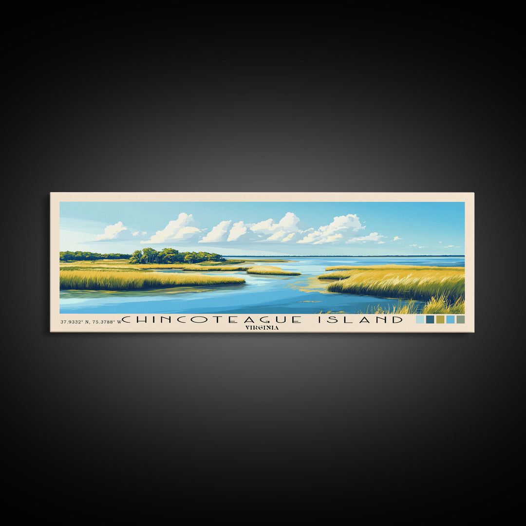 Chincoteague Island, Virginia Panoramic Beach Print, Vacation Gift, Virginia Wall Art, Framed Canvas Print, Framed Beach Painting