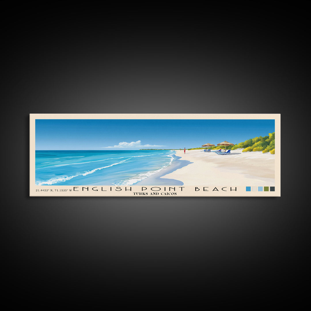 English Point Beach, Turks and Caicos Panoramic Beach Print, Vacation Gift, Turks and Caicos Wall Art, Framed Canvas Print, Framed Beach Painting
