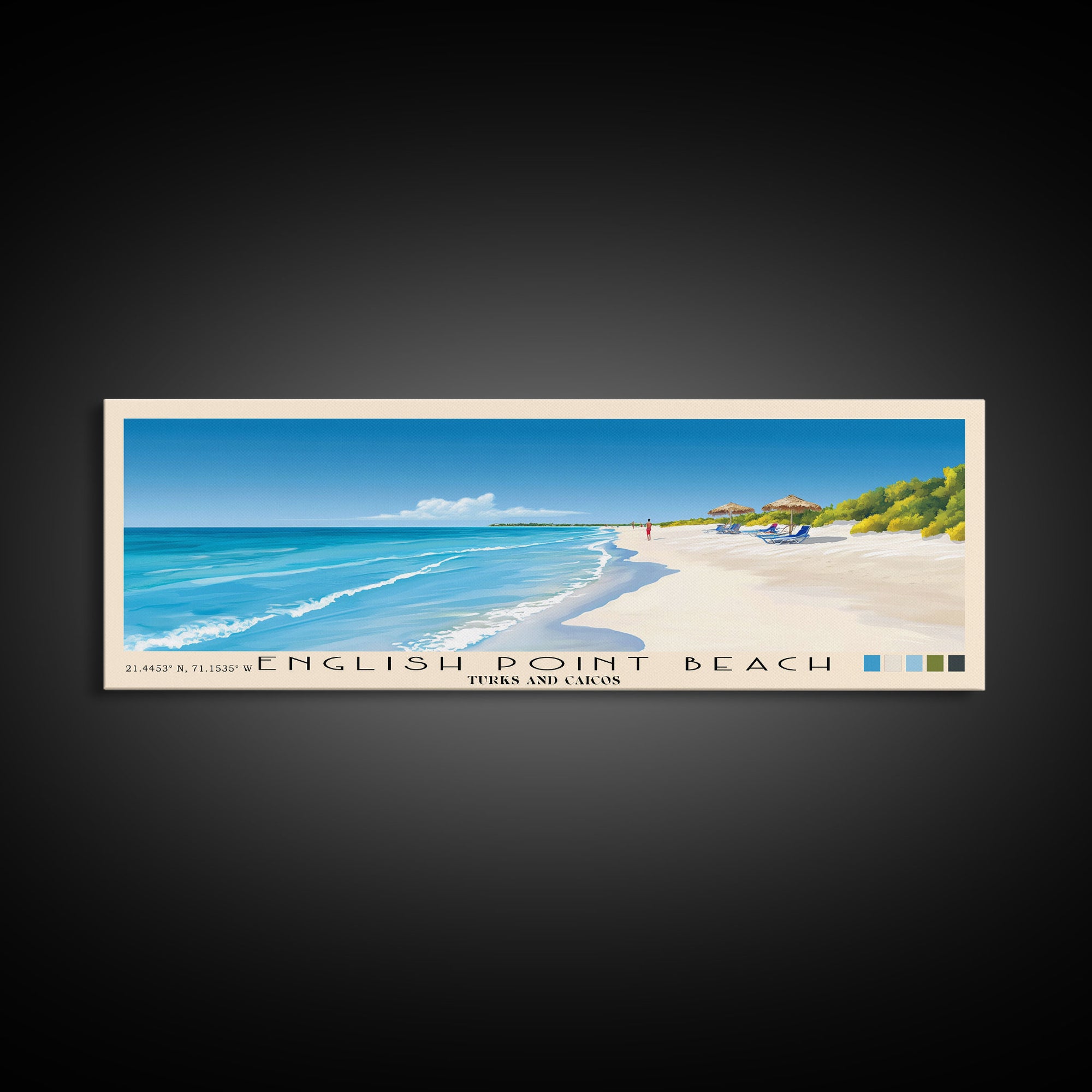English Point Beach, Turks and Caicos Panoramic Beach Print, Vacation Gift, Turks and Caicos Wall Art, Framed Canvas Print, Framed Beach Painting