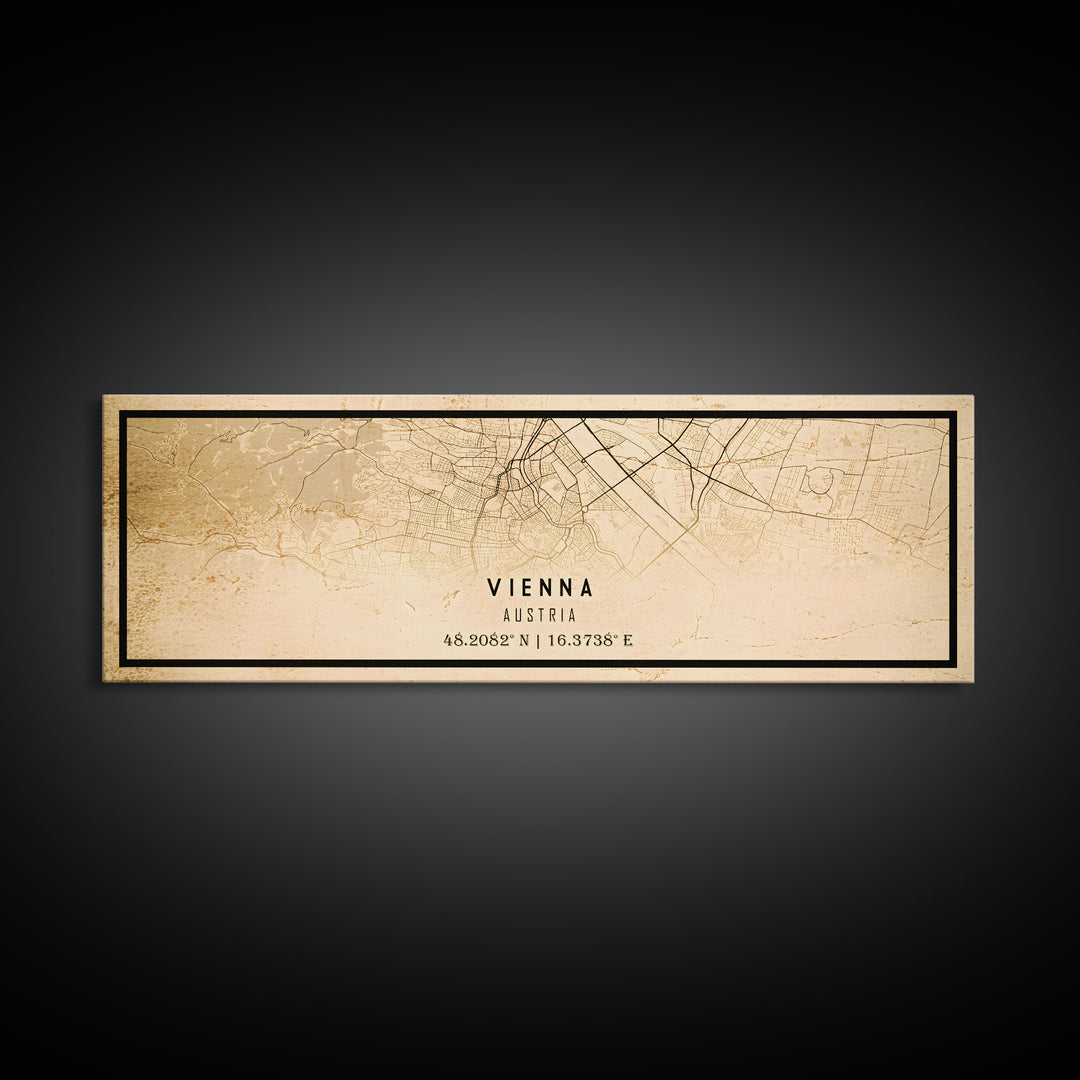 Vintage Panoramic Vienna City Map Wall Art Canvas Print, Distressed Style Austria Map, Framed Wall Art, Cool Travel Wall Art, Office Art