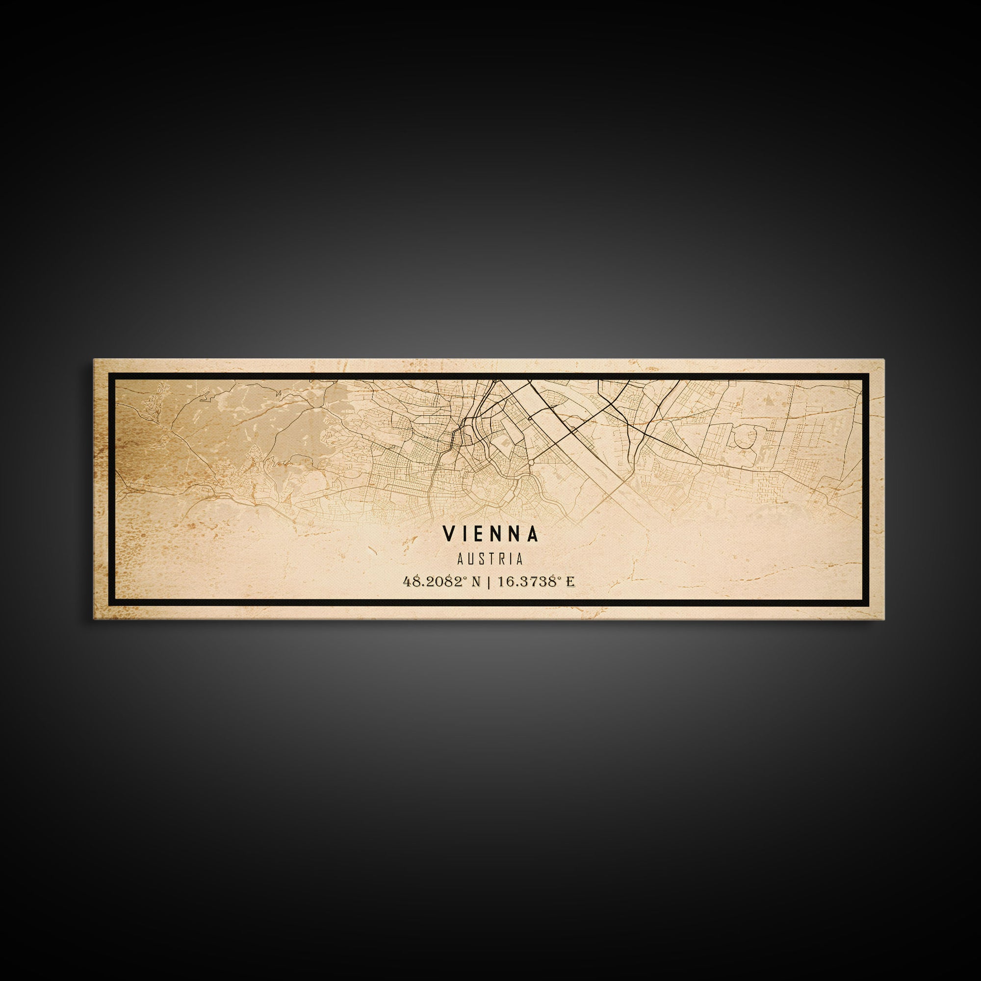 Vintage Panoramic Vienna City Map Wall Art Canvas Print, Distressed Style Austria Map, Framed Wall Art, Cool Travel Wall Art, Office Art