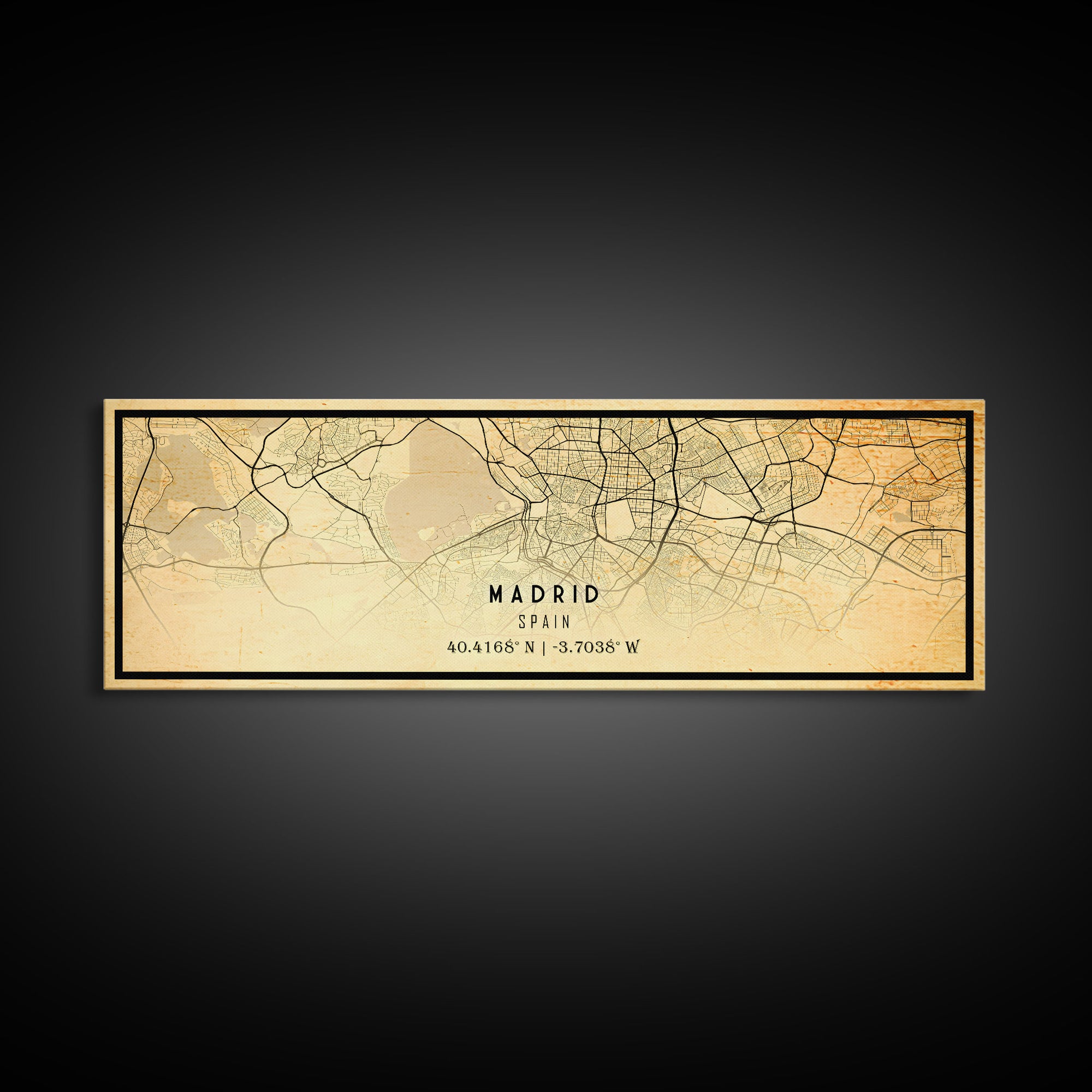 Panoramic Madrid Spain map print poster or framed canvas, Madrid map print poster canvas, city map print poster canvas, Vintage Travel Art