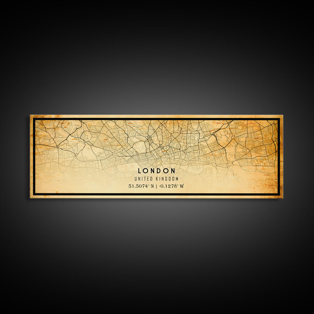 Panoramic London UK map print poster or framed canvas, London map print canvas, London city map print poster canvas, Vintage Travel Art
