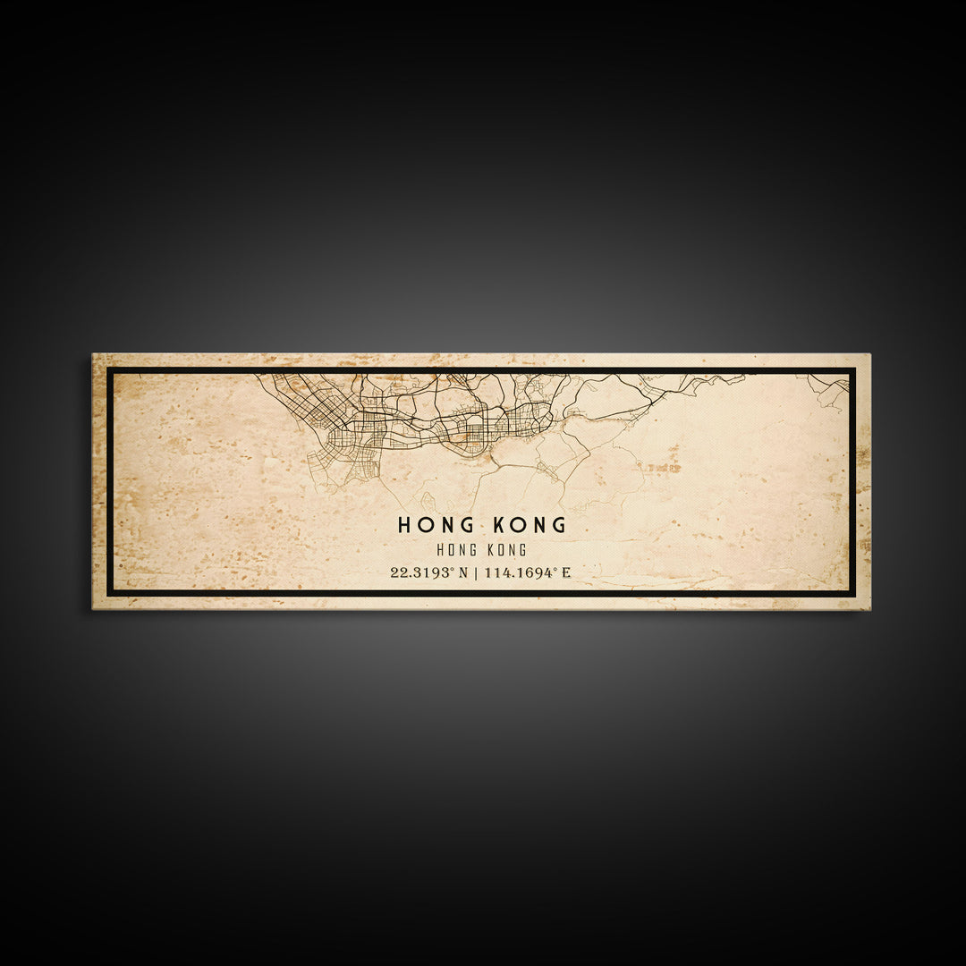 Vintage Panoramic Hong Kong City Map Wall Art Canvas Print, Distressed Hong Kong Map, Framed Wall Art, Cool Travel Wall Art, Office Art