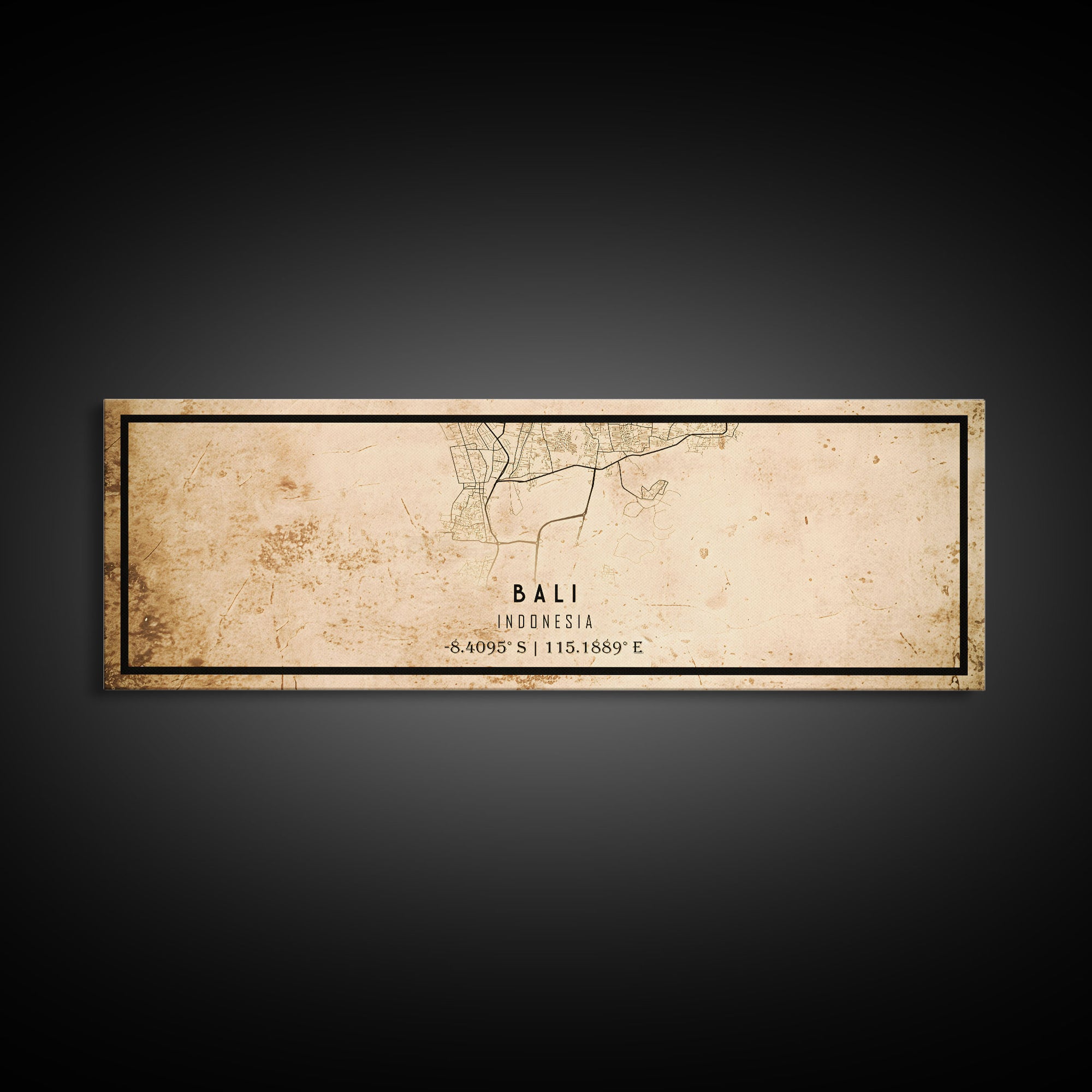 Vintage Panoramic Bali Indonesia City Map Wall Art Canvas Print, Distressed Style Map, Framed Wall Art, Cool Travel Wall Art, Office Art