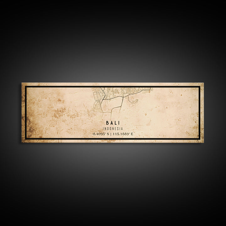 Vintage Panoramic Bali Indonesia City Map Wall Art Canvas Print, Distressed Style Map, Framed Wall Art, Cool Travel Wall Art, Office Art