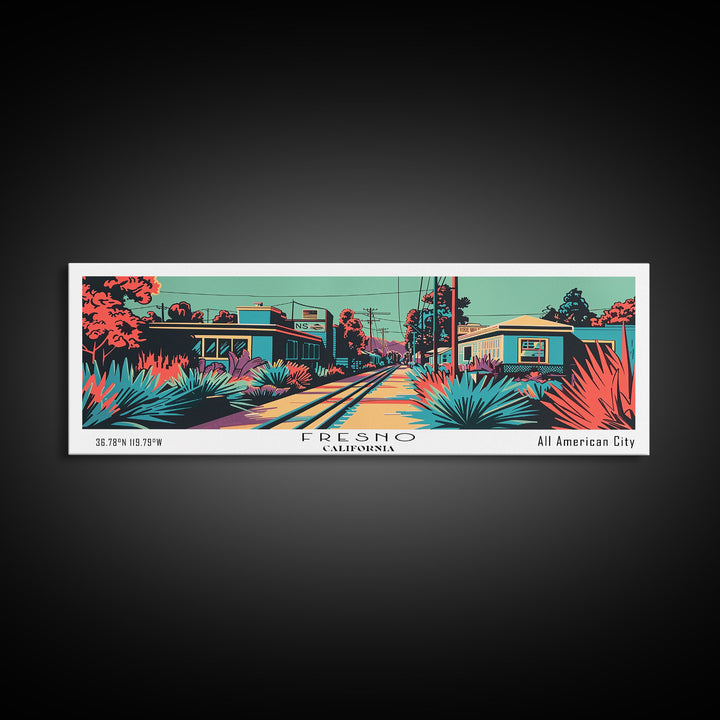 Fresno California Panoramic Framed Canvas Print, Travel Poster, Mid Century Modern Art, Pop Art Style, Wall Art, Home Decor, Living Room Art, Vintage Wall Art