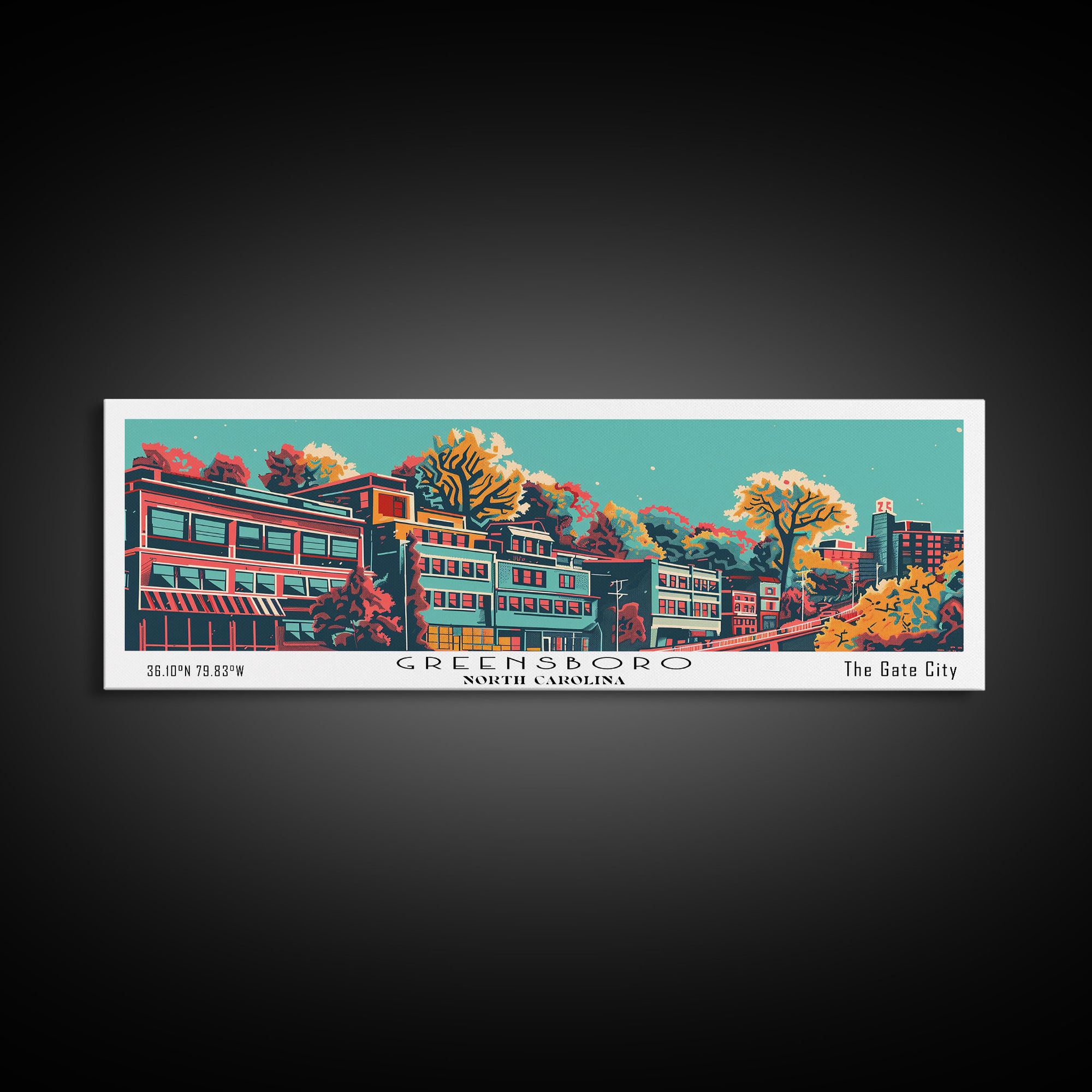 Greensboro North Carolina Travel Poster Framed Canvas Print, Panoramic Mid Century Modern Art, Pop Art Style, Wall Decor, Home Decor, Retro Style Art