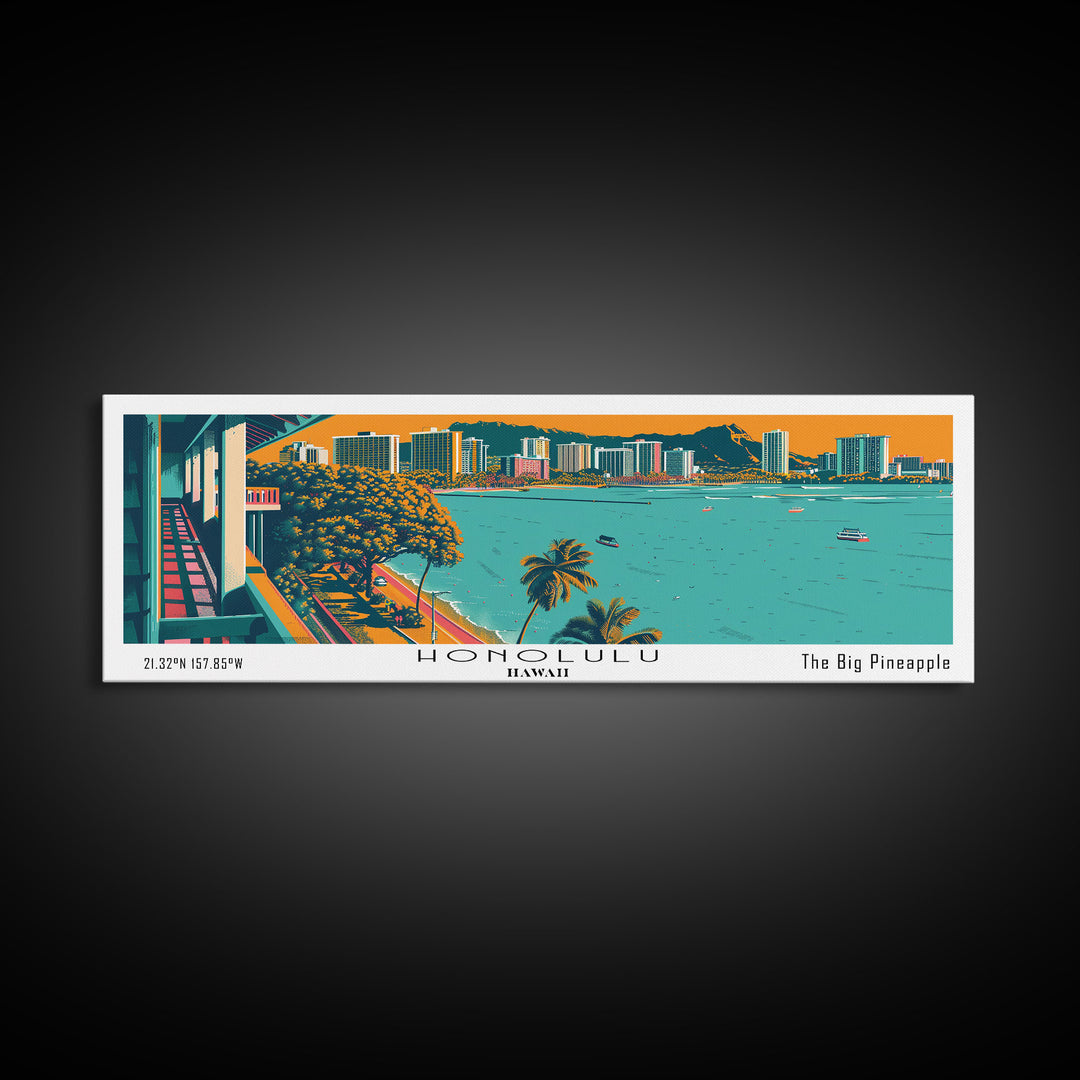 Honolulu Hawaii Panoramic Travel Poster Framed Canvas Print, Mid Century Modern Art, Pop Art Style, Wall Hanging, Home Decor, Vintage Wall Art, Office Wall Art