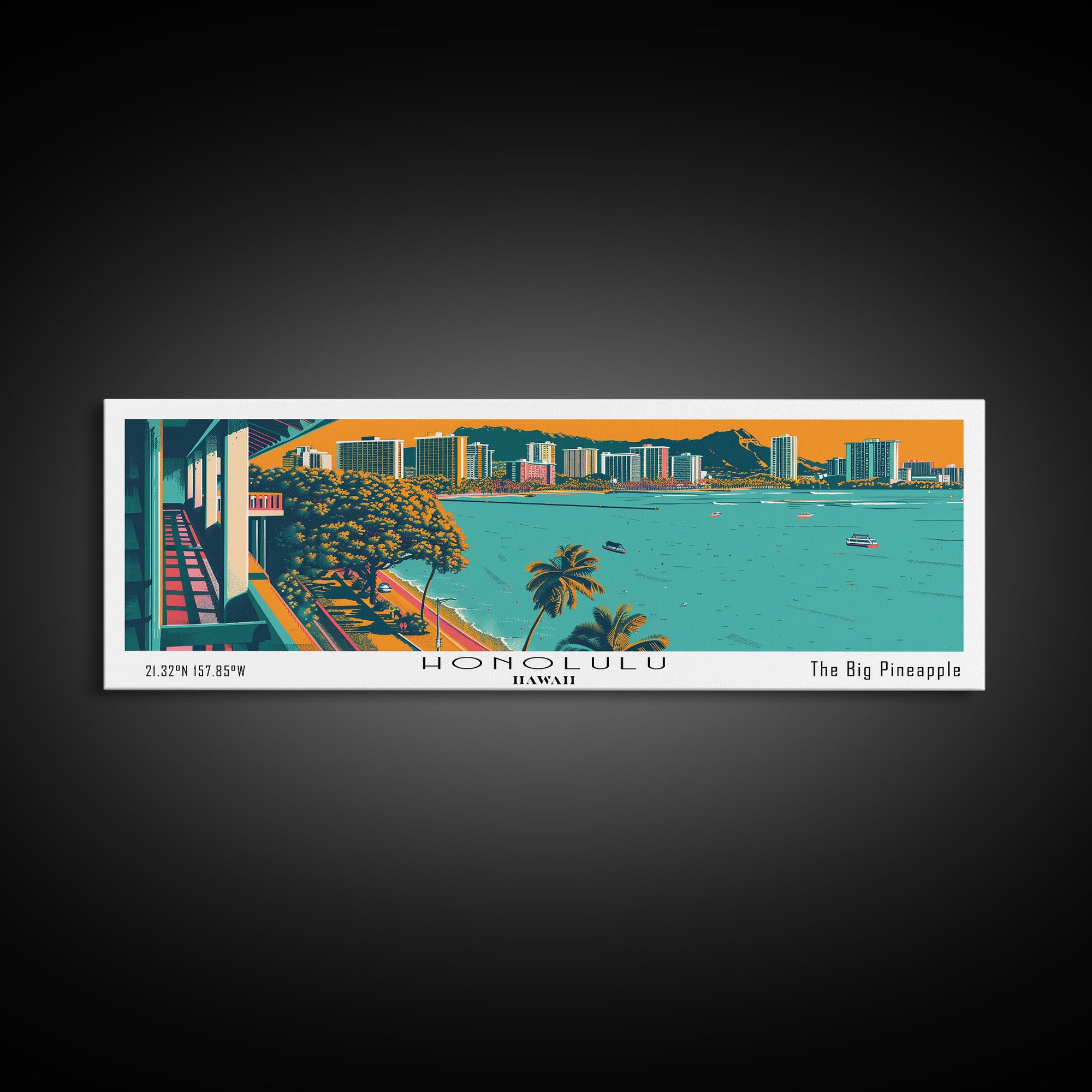 Honolulu Hawaii Panoramic Travel Poster Framed Canvas Print, Mid Century Modern Art, Pop Art Style, Wall Hanging, Home Decor, Vintage Wall Art, Office Wall Art
