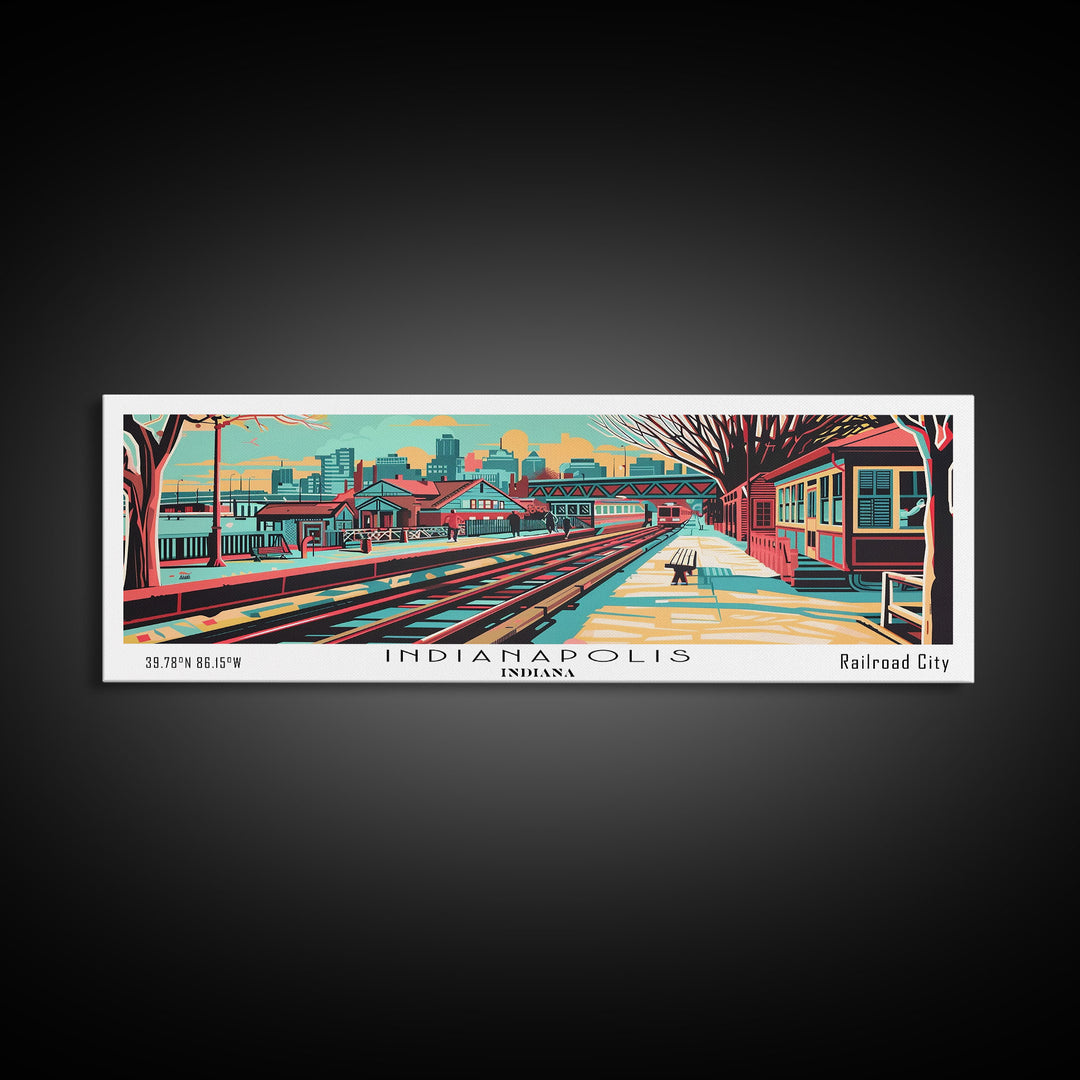 Indianapolis Indiana Panoramic Travel Poster Framed Canvas Print, Mid Century Modern Art, Pop Art Style, Wall Decor, Office Art, Living Room Art