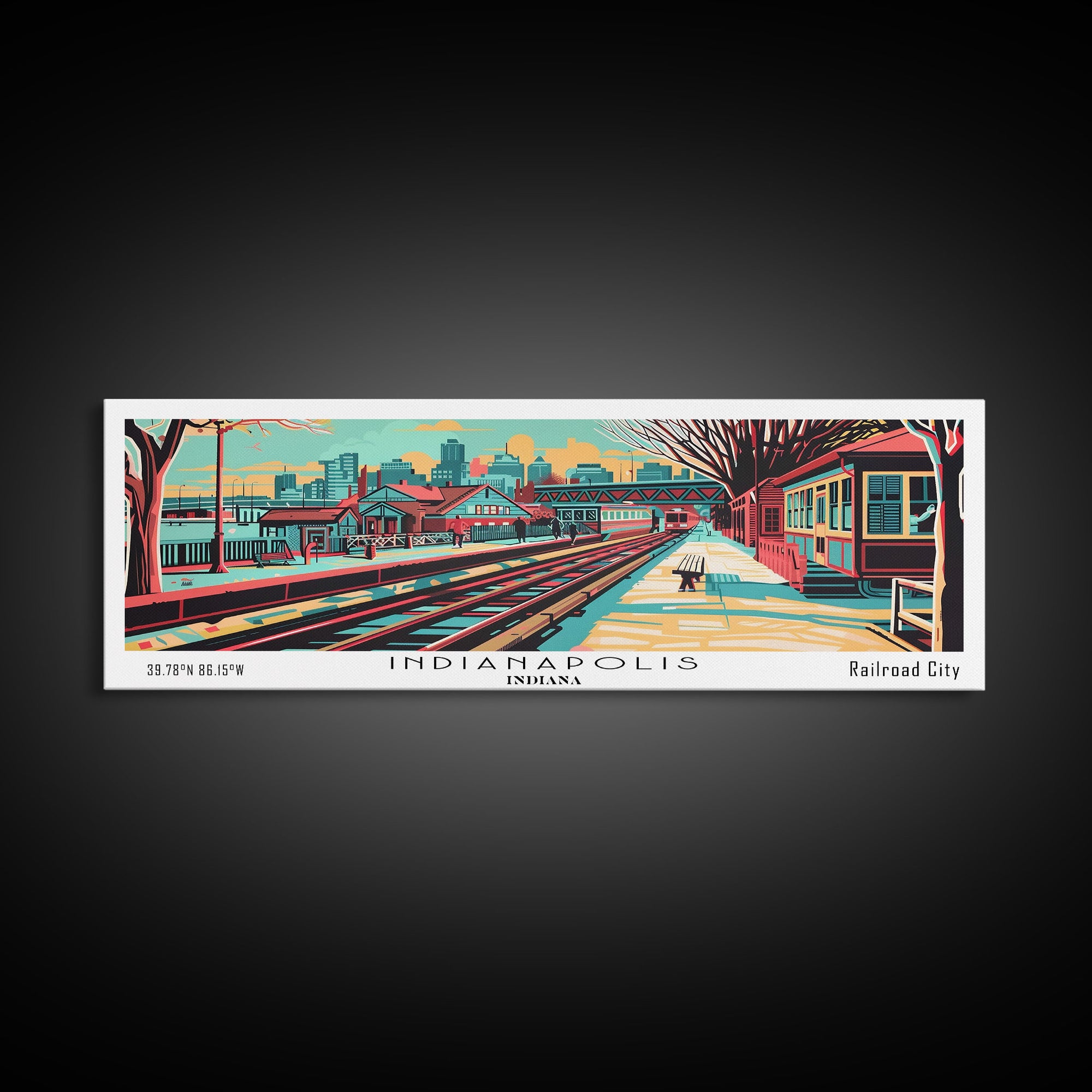 Indianapolis Indiana Panoramic Travel Poster Framed Canvas Print, Mid Century Modern Art, Pop Art Style, Wall Decor, Office Art, Living Room Art
