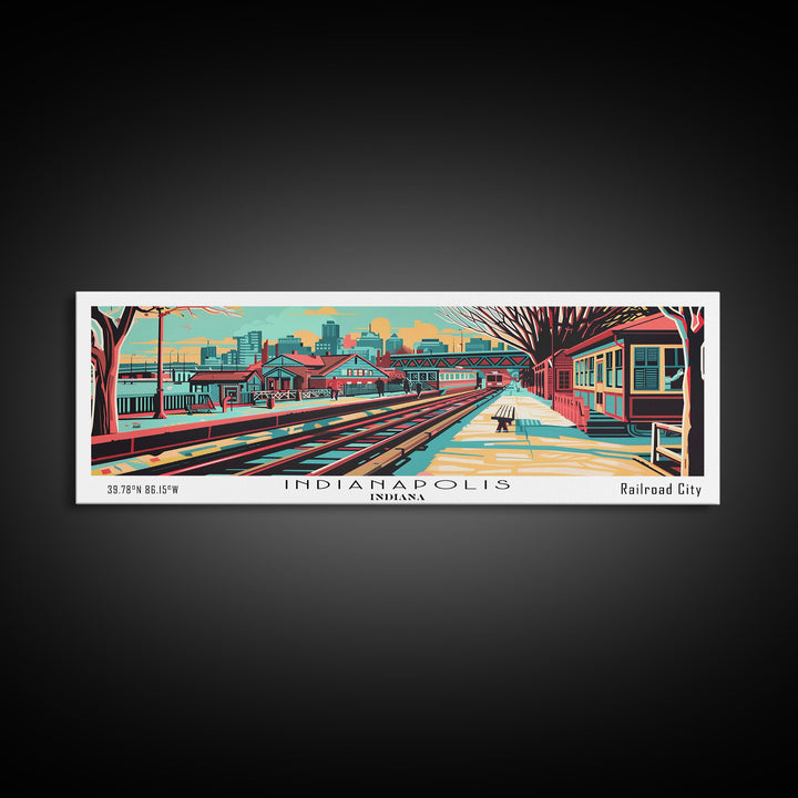 Indianapolis Indiana Panoramic Travel Poster Framed Canvas Print, Mid Century Modern Art, Pop Art Style, Wall Decor, Office Art, Living Room Art