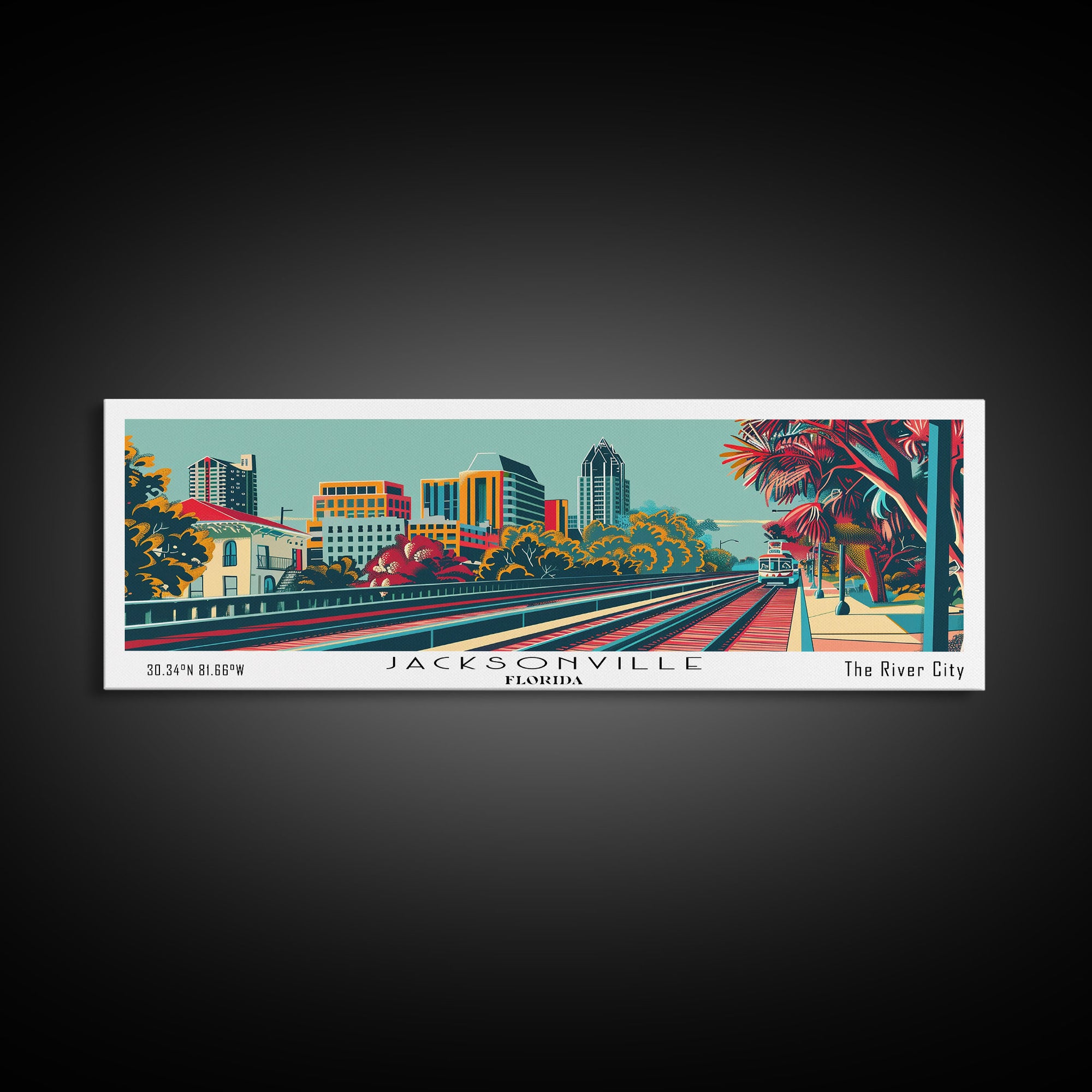 Jacksonville Florida Travel Poster Framed Canvas Print, Panoramic Mid Century Modern Art, Pop Art Style, Wall Art, Home Decor, Wall Hanging, Vintage Wall Art
