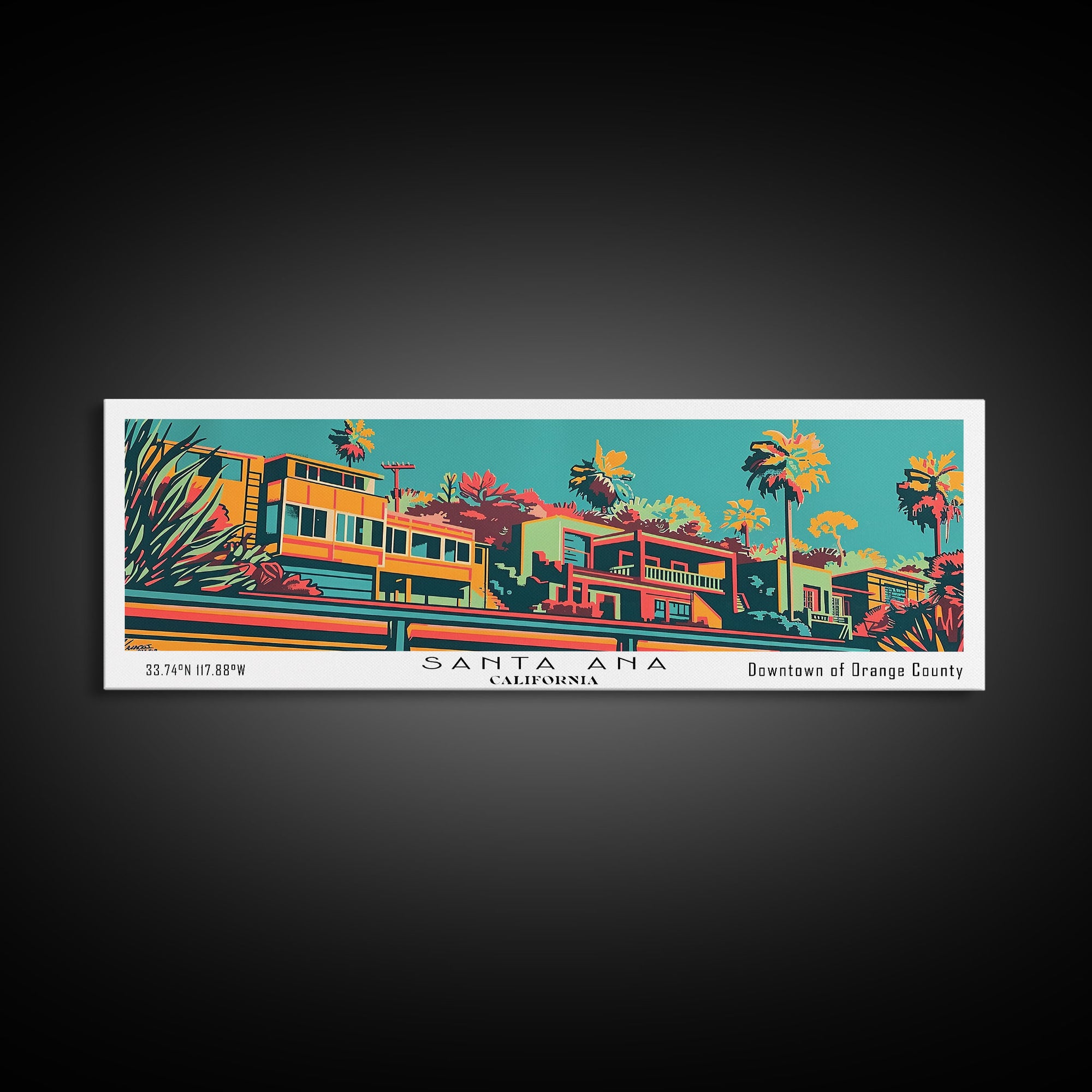 Santa Ana California Panoramic Wall Art Framed Canvas Print, Travel Poster, Mid Century Modern Art, Pop Art Style, Wall Decor, Office Wall Art