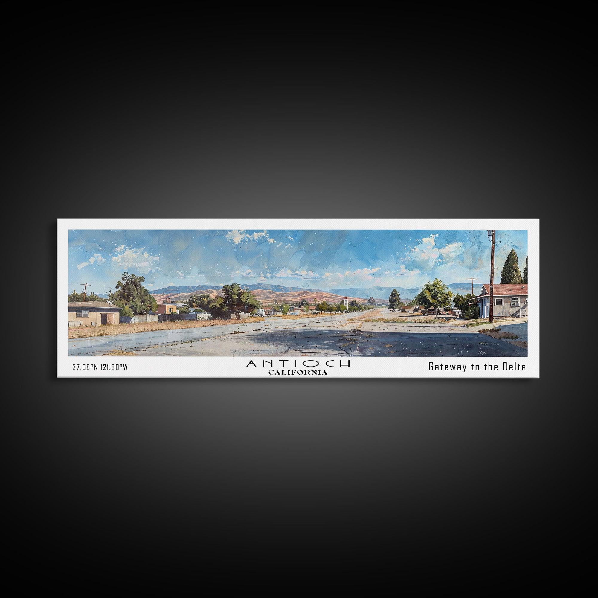 Antioch California Panoramic Painting, Watercolor Framed Canvas Print, Scenic City Art, Travel Poster, Home Decor, Wall Art, Office Wall Art