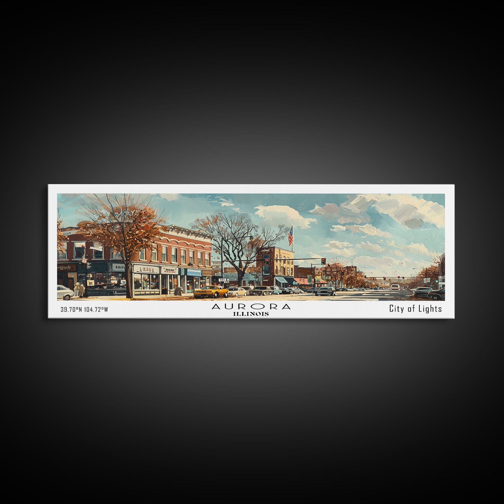 Aurora Illinois Panoramic Painting, Watercolor Framed Canvas Print, Scenic City Art, Travel Poster, Home Decor, Wall Art, Gift Idea