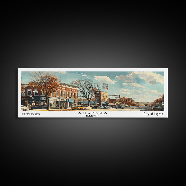 Aurora Illinois Panoramic Painting, Watercolor Framed Canvas Print, Scenic City Art, Travel Poster, Home Decor, Wall Art, Gift Idea
