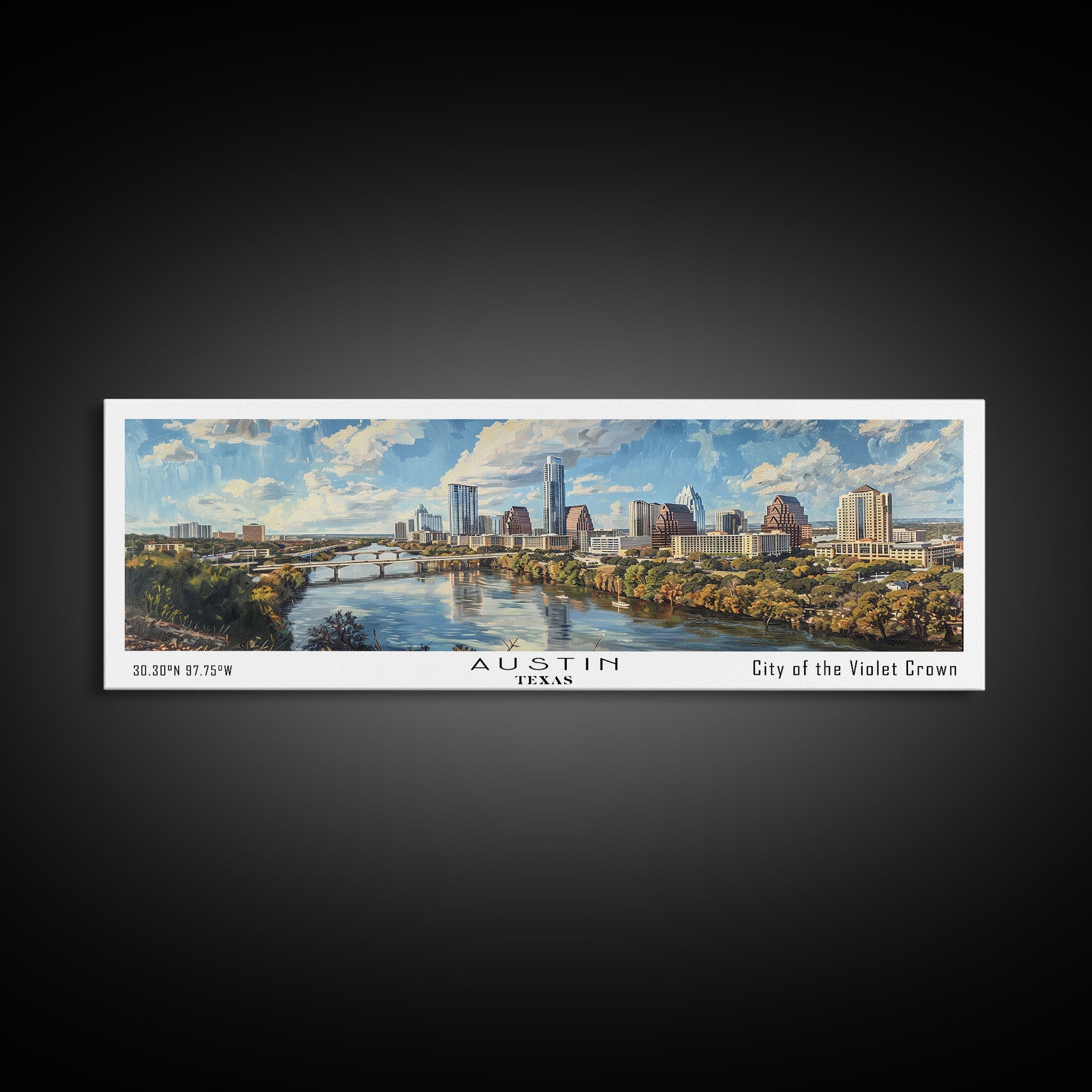 Austin Texas Panoramic Painting, Watercolor Framed Canvas Print, Scenic City Art, Travel Poster, Wall Decor, Living Room Art, Office Wall Art