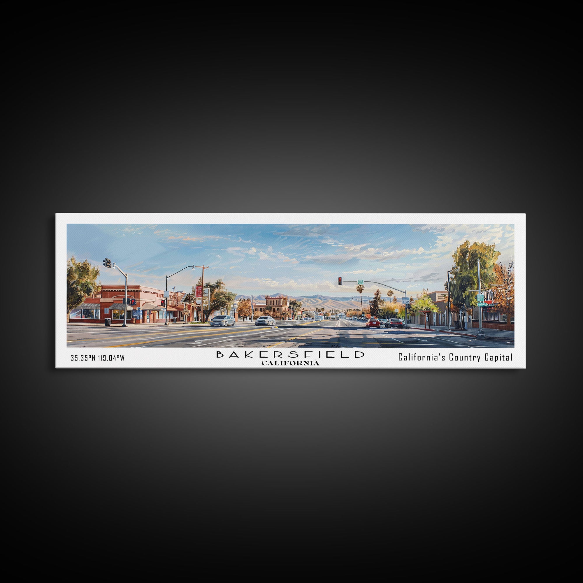 Bakersfield California Panoramic Painting, Watercolor Framed Canvas Print, Scenic City Art, Travel Poster, Home Decor, Wall Hanging, Gift Idea