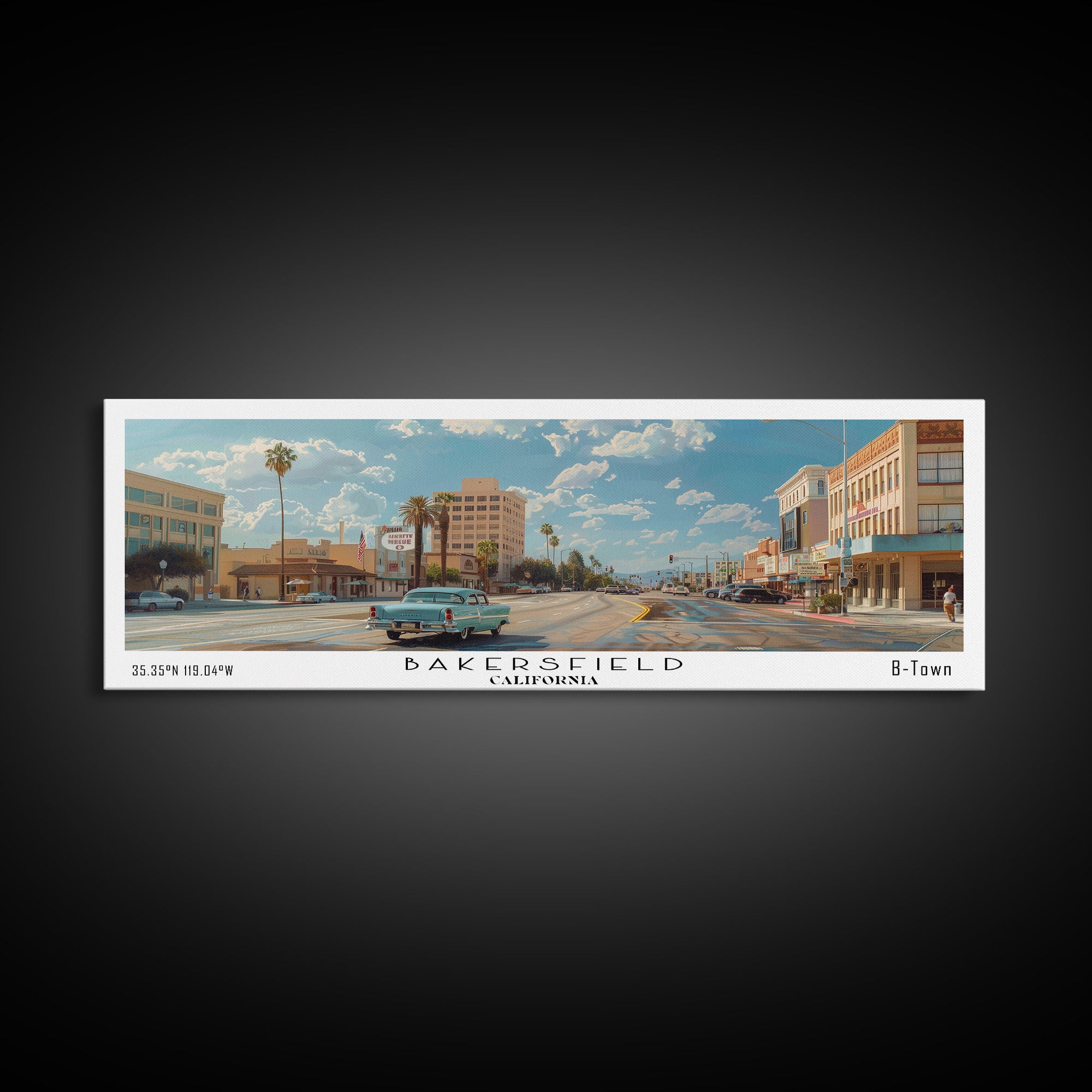 Bakersfield California Panoramic Watercolor Painting, Framed Canvas Print, Scenic City Art, Travel Poster, Wall Decor, Living Room Art, Office Wall Art