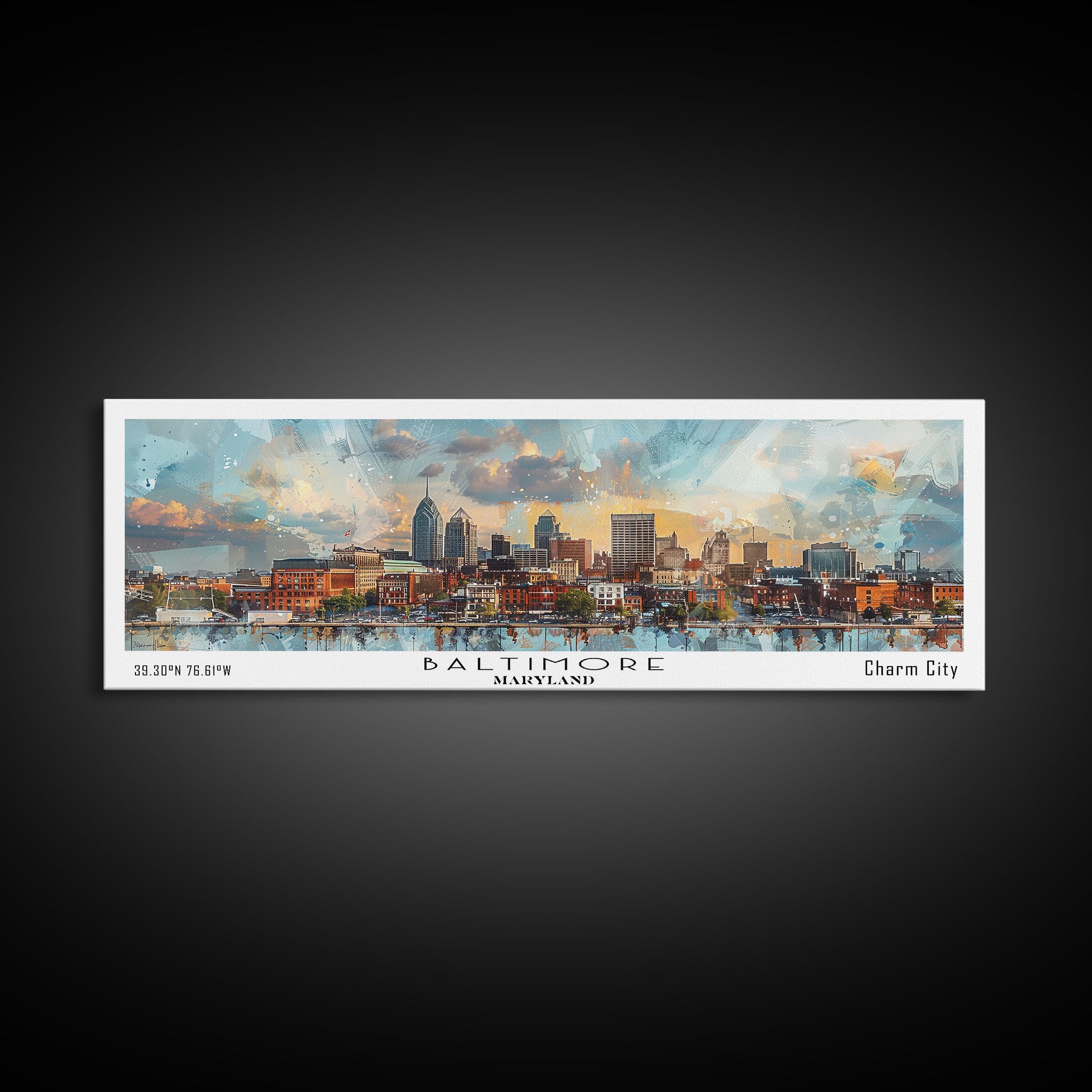 Baltimore Maryland Panoramic Painting, Watercolor Framed Canvas Print, Scenic City Art, Travel Poster, Home Decor, Wall Hanging, Office Wall Art