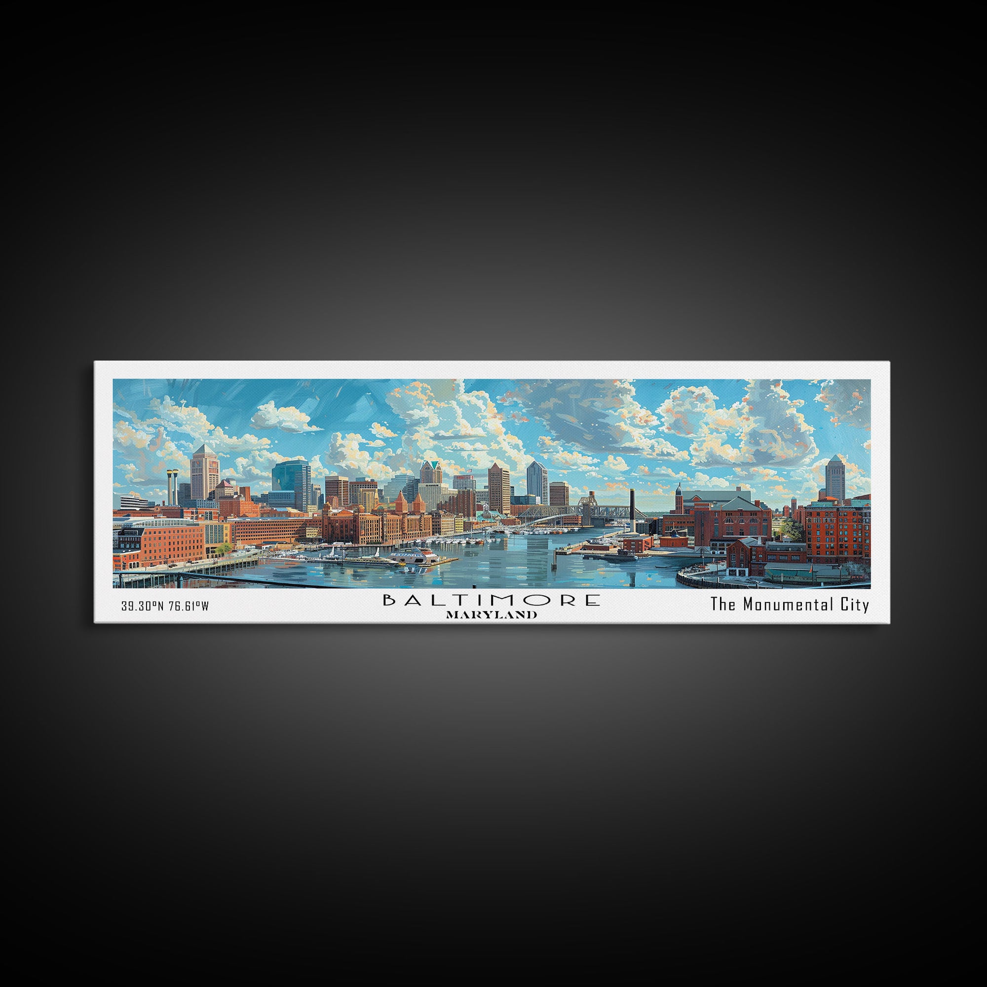 Baltimore Maryland Panoramic Watercolor Painting, Framed Canvas Print, Scenic City Art, Travel Poster, Wall Decor, Living Room Art, Gift Idea