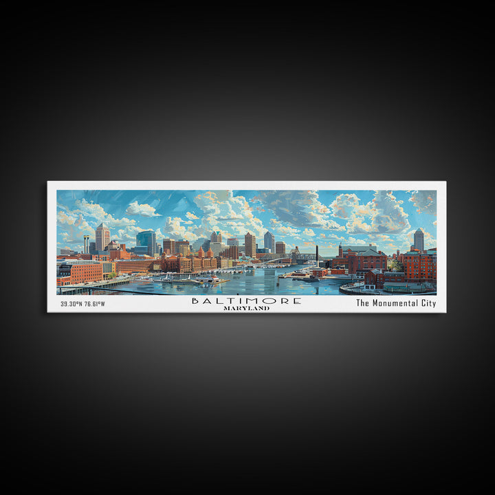Baltimore Maryland Panoramic Watercolor Painting, Framed Canvas Print, Scenic City Art, Travel Poster, Wall Decor, Living Room Art, Gift Idea