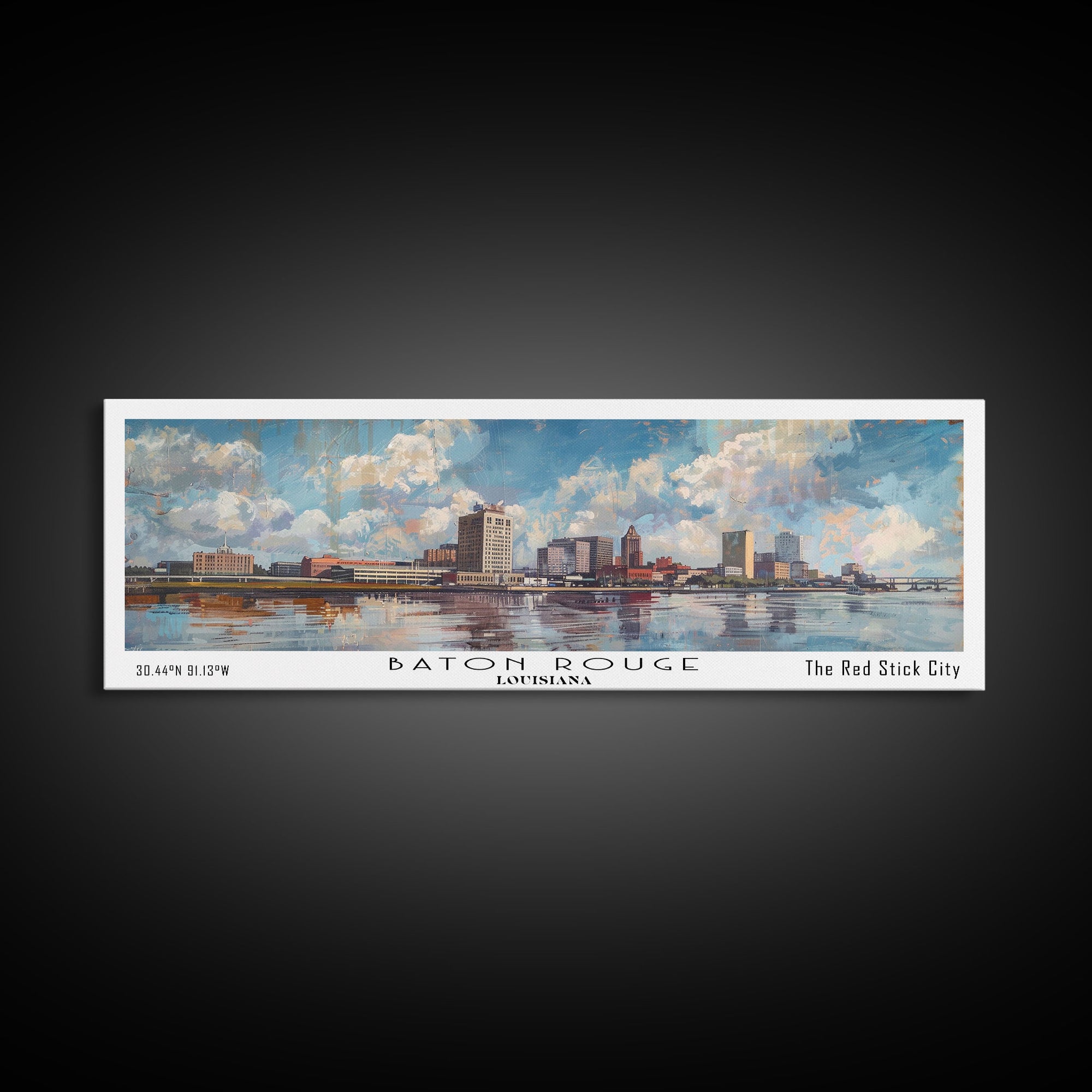 Baton Rouge Louisiana Panoramic Painting, Watercolor Framed Canvas Print, Scenic City Art, Travel Poster, Home Decor, Wall Art, Office Wall Art