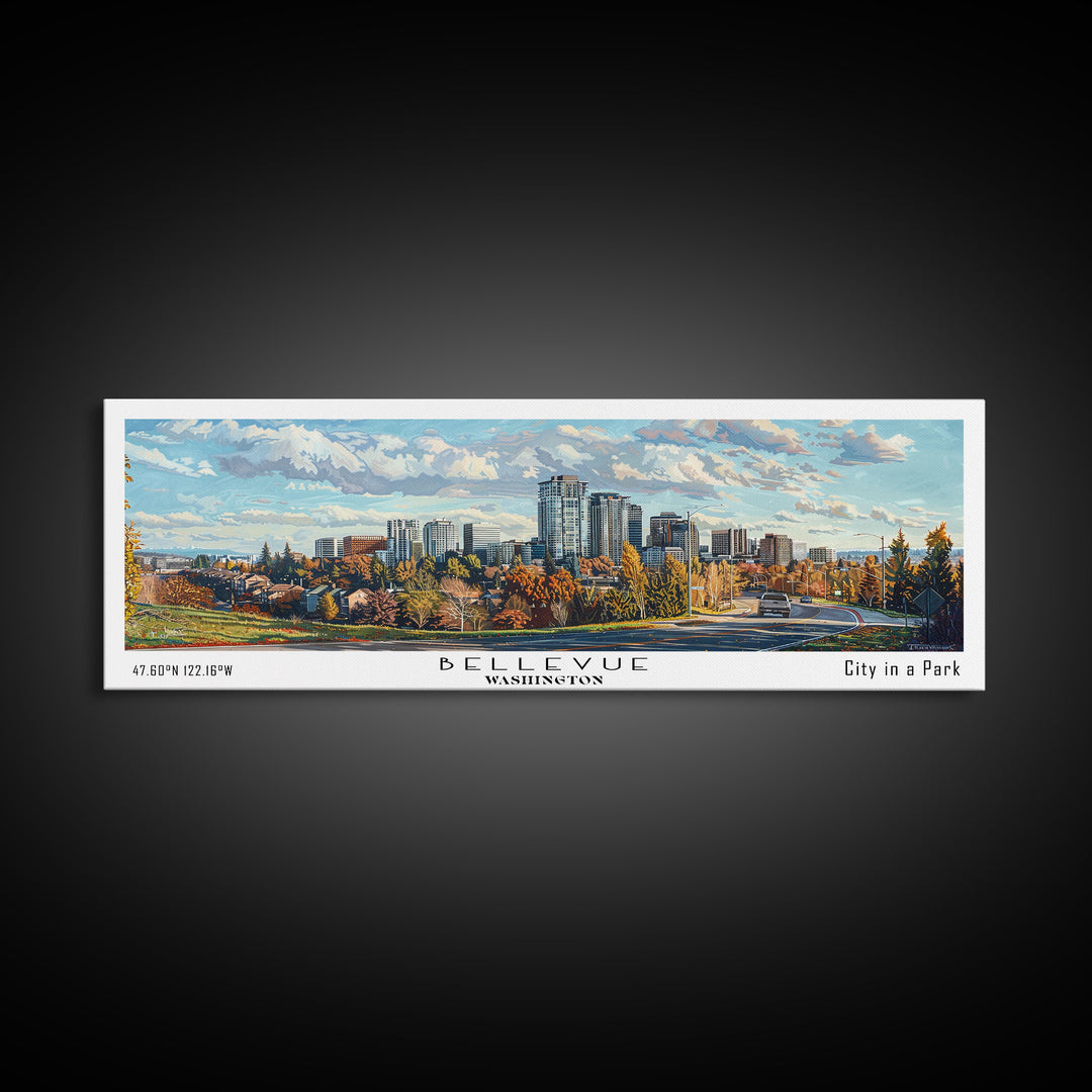 Bellevue Washington Panoramic Painting, Watercolor Framed Canvas Print, Scenic City Art, Travel Poster, Home Decor, Wall Art, Office Wall Art