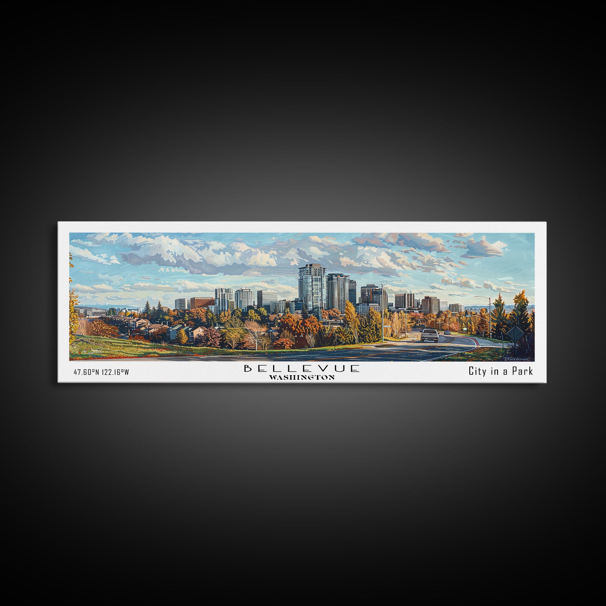 Bellevue Washington Panoramic Painting, Watercolor Framed Canvas Print, Scenic City Art, Travel Poster, Home Decor, Wall Art, Office Wall Art