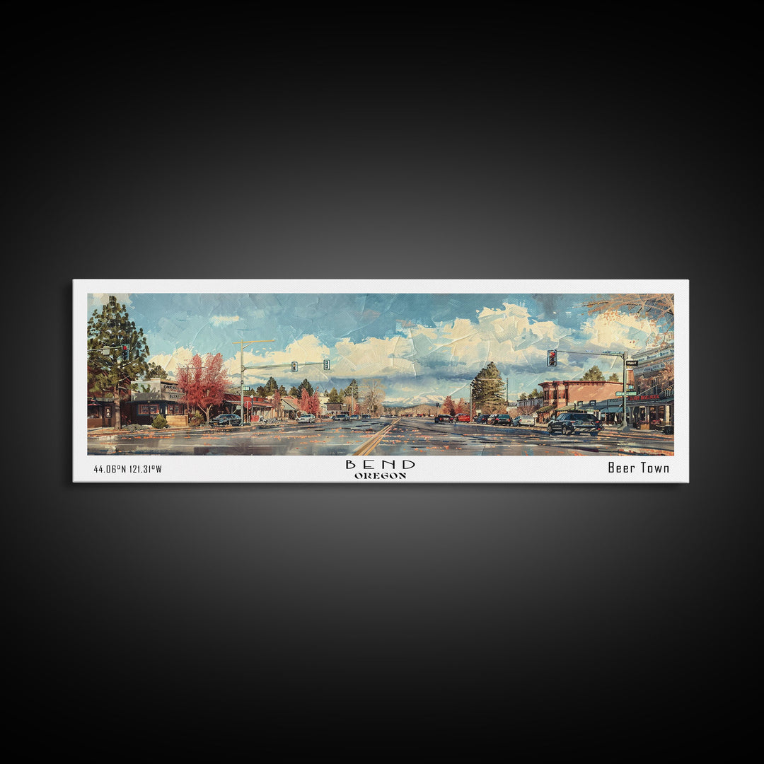 Bend Oregon Panoramic Painting, Watercolor Framed Canvas Print, Scenic City Art, Travel Poster, Home Decor, Wall Hanging, Living Room Art