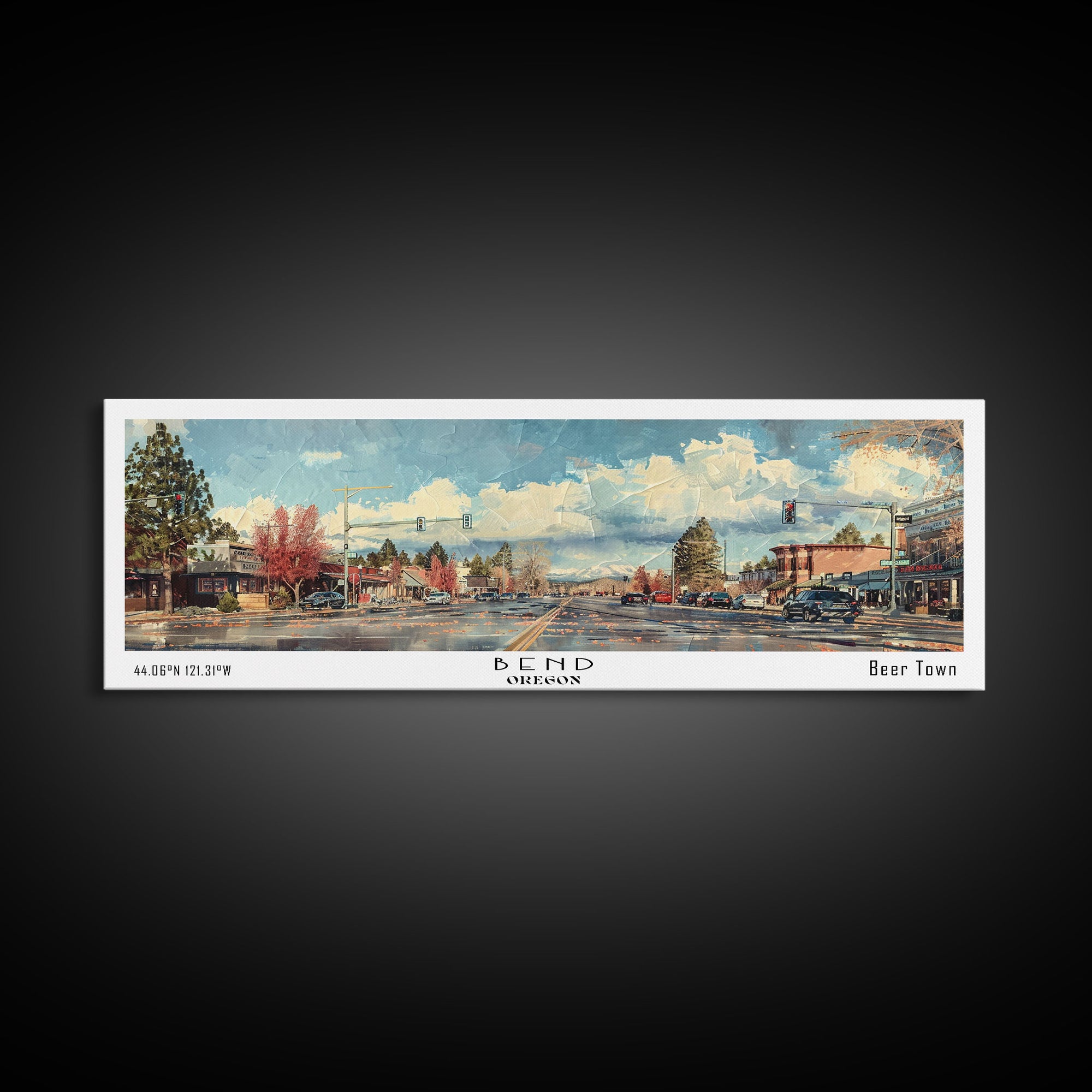 Bend Oregon Panoramic Painting, Watercolor Framed Canvas Print, Scenic City Art, Travel Poster, Home Decor, Wall Hanging, Living Room Art
